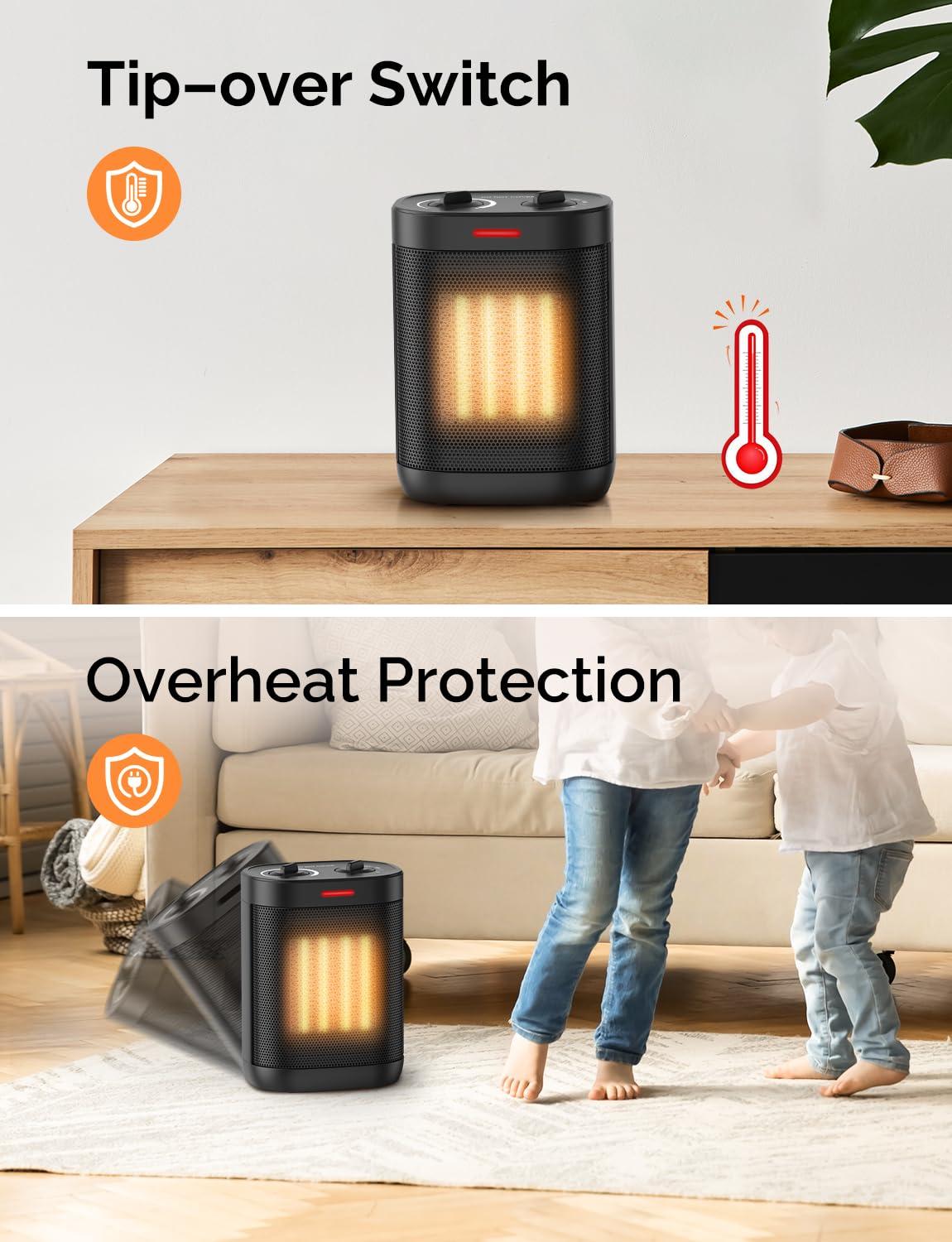 Space Heaters for Indoor Use, Portable 1500W/900W PTC Ceramic Space Heater, Small Space Heater with Thermostat, Three Modes, Overheat and Tip-Over Protection for Office Home Grey