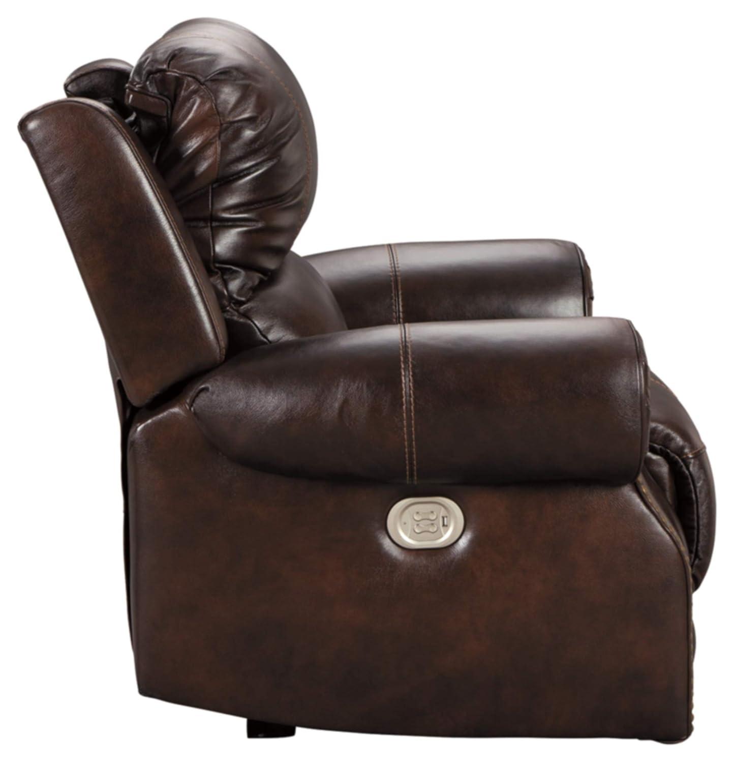 Traditional Brown Leather Power Recliner with Nailhead Trim