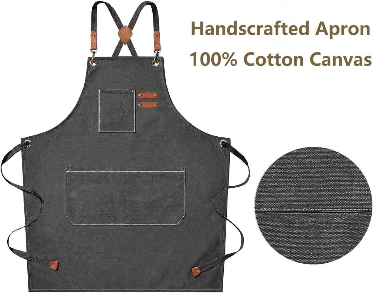 AFUN Chef Aprons for Men Women with Large Pockets, Cotton Canvas Cross Back Heavy Duty Adjustable Work Apron, Size M to XXL(Grey)
