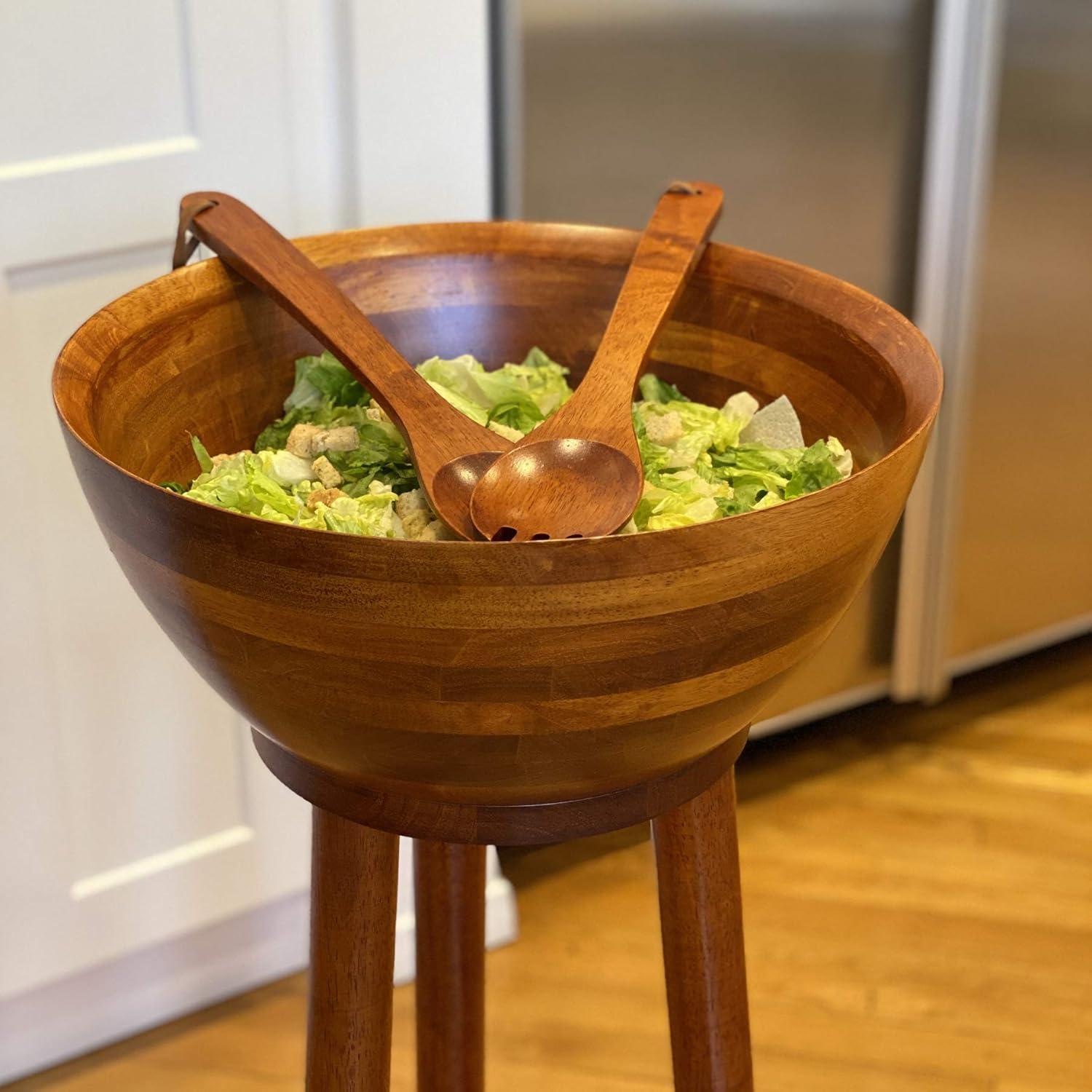 Extra Large Rubberwood Salad Bowl Set with Stand and Servers
