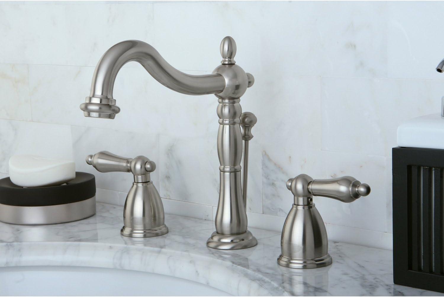 Kingston Brass Heritage Two-Handle 3-Hole Deck Mount Widespread Bathroom Faucet with Pop-Up Drain