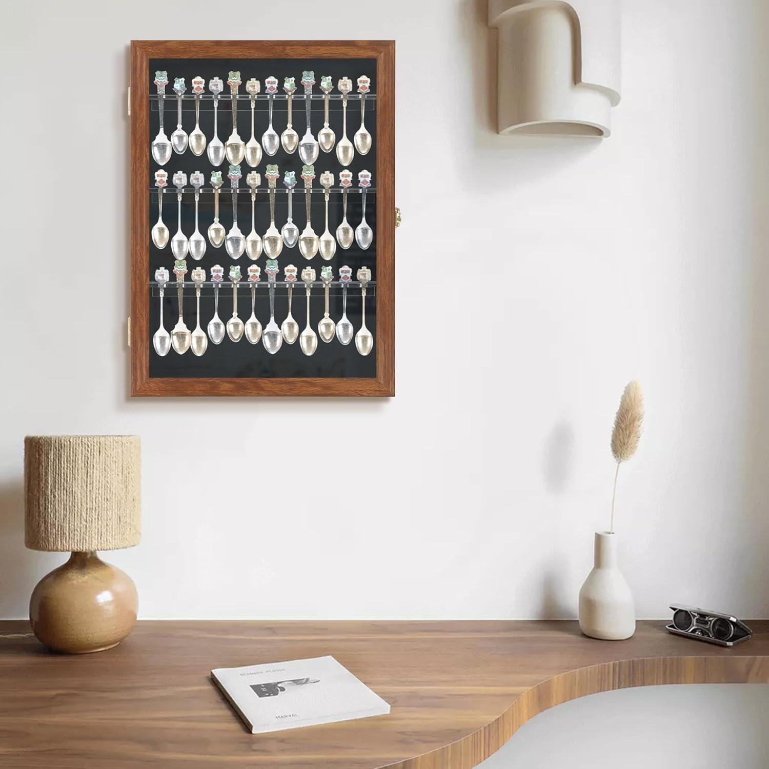 Walnut Finish Solid Wood Spoon Display Case with Glass Door