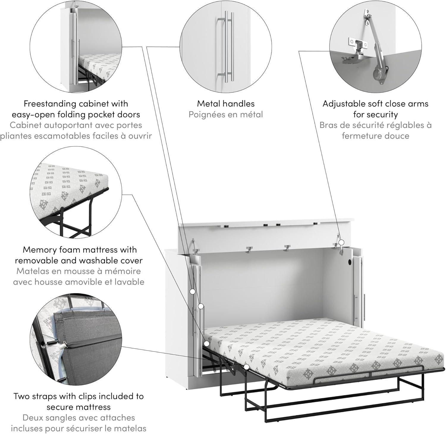 Bestar Nebula 69W Full Size Murphy Cabinet Bed with Mattress in White, 69-inch Space-Saving Sleeping Arrangement for Multipurpose Guest Room or Home Office