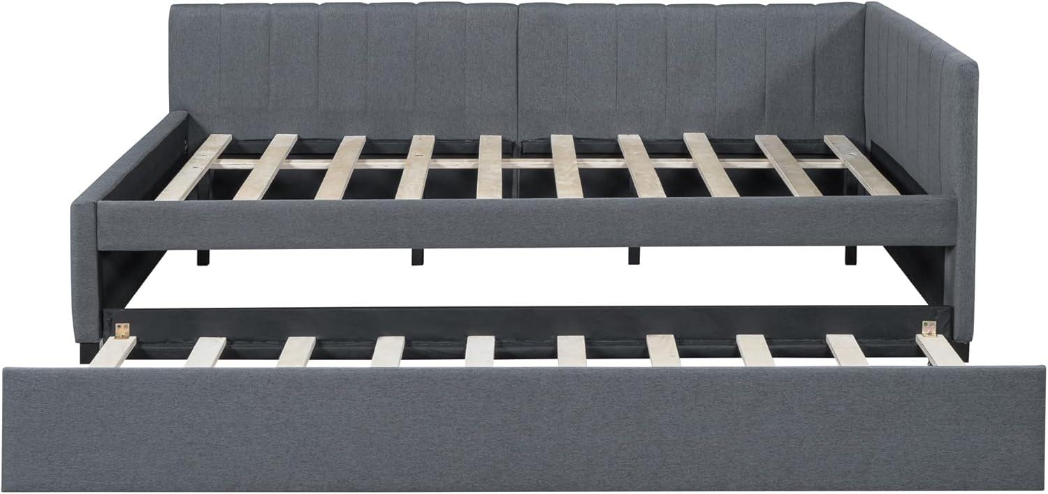 Linen Daybed, Full Solid Wood Daybed with Twin Size Trundle Bed, Bed Frame with Support of Slats, Maximize Space for Living Room, Bedroom and Guest Room, Gray