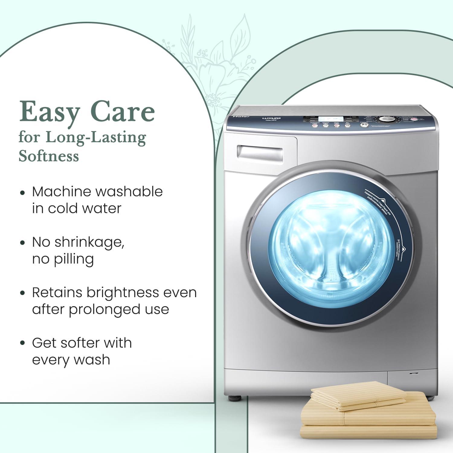 Feather & Stitch 500 TC Split King Size Sheet Set, 5 Piece Bed Sheets Set-2 Twin Fitted Sheet, 1 King Flat Sheet & 2 King Pillowcases, 18" Deep Pockets Sateen Weave Striped Bedsheet - (Semolina)