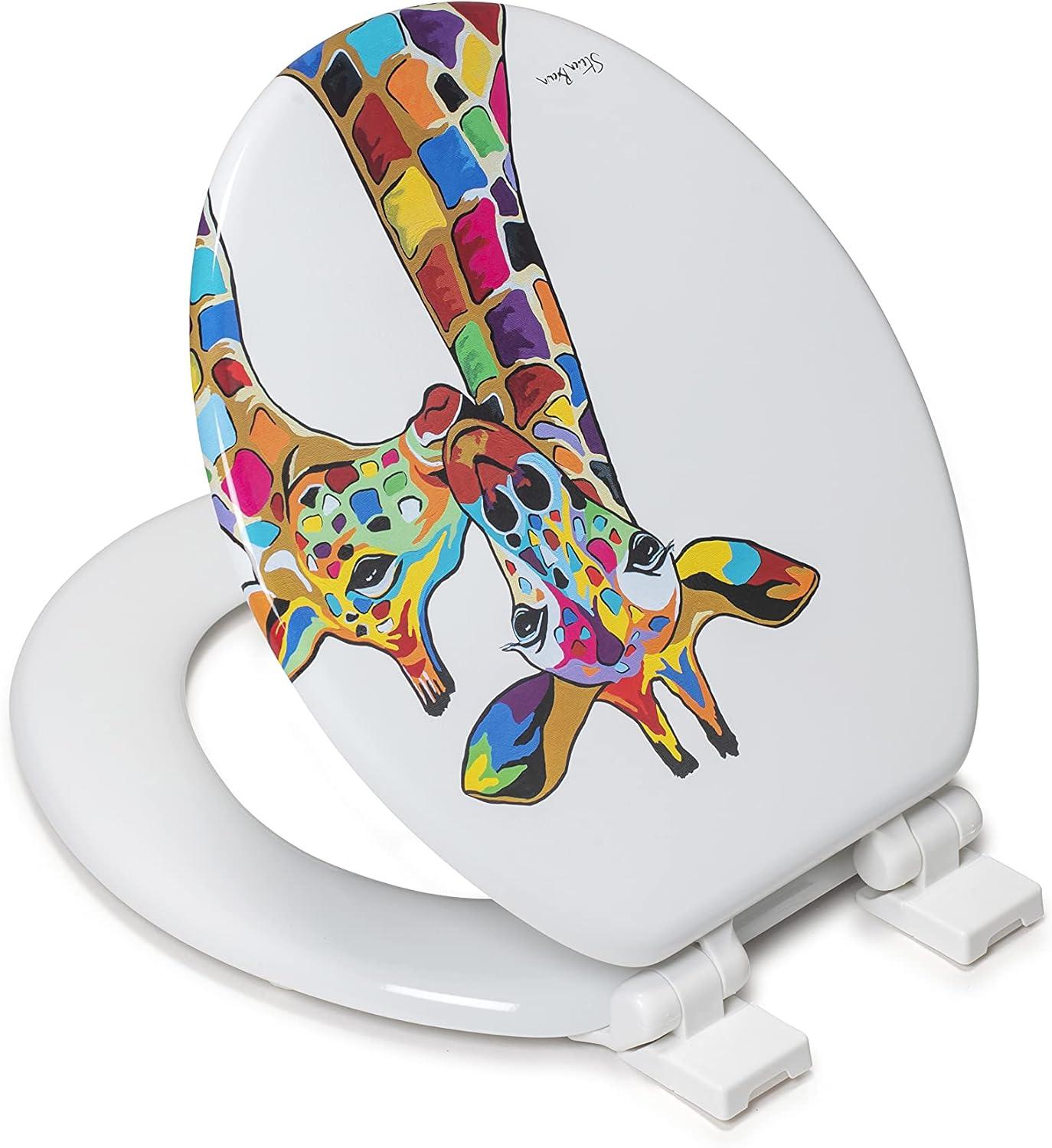 Croydex Steven Brown Artwork 19in Round Wood Toilet Seat, Colorful Giraffes Design