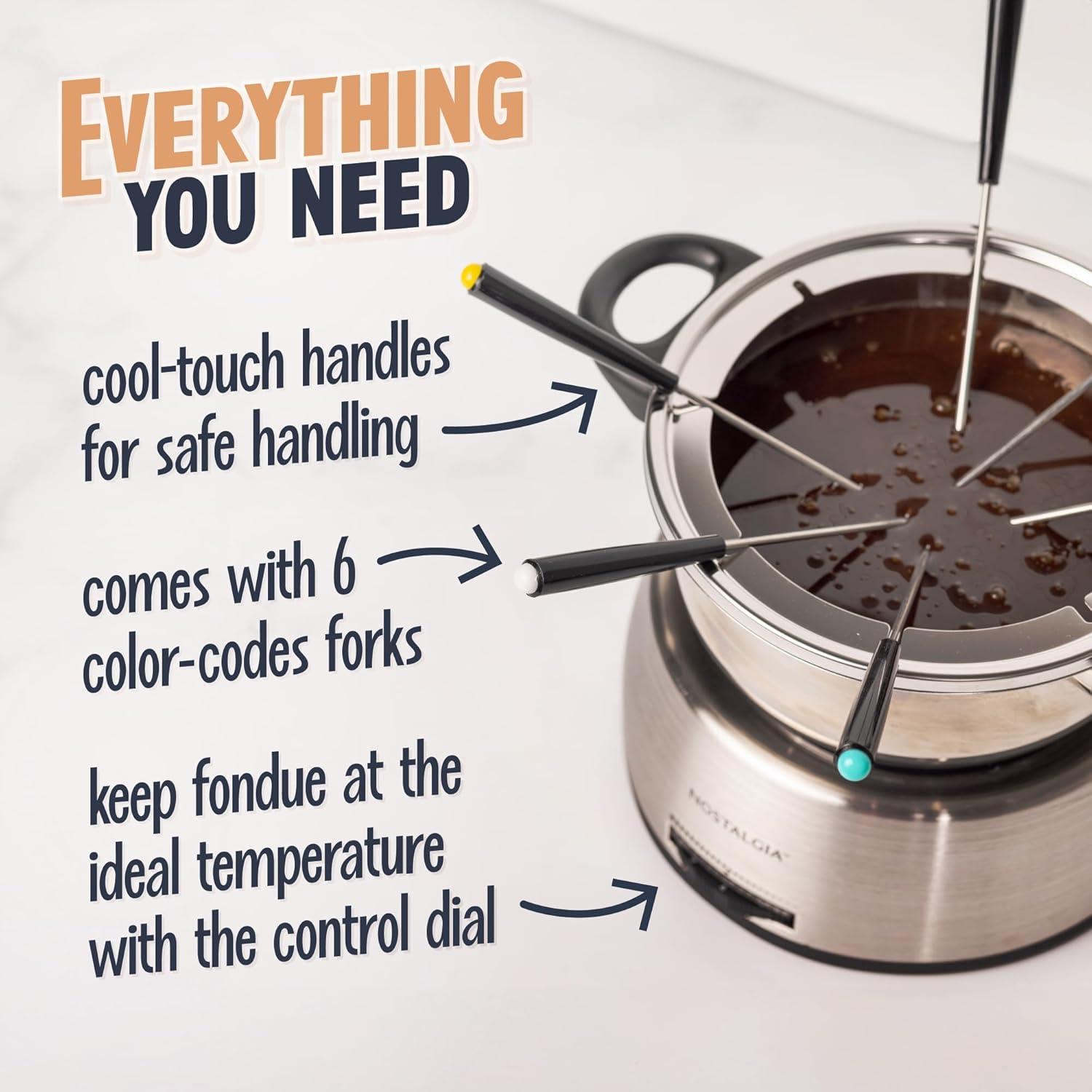 Nostalgia Nostalgia 6-Cup Stainless Steel Electric Fondue Pot with Temperature Control, 6 Color-Coded Forks and Removable Pot - Perfect for Chocolate, Caramel, Cheese, Sauces and More
