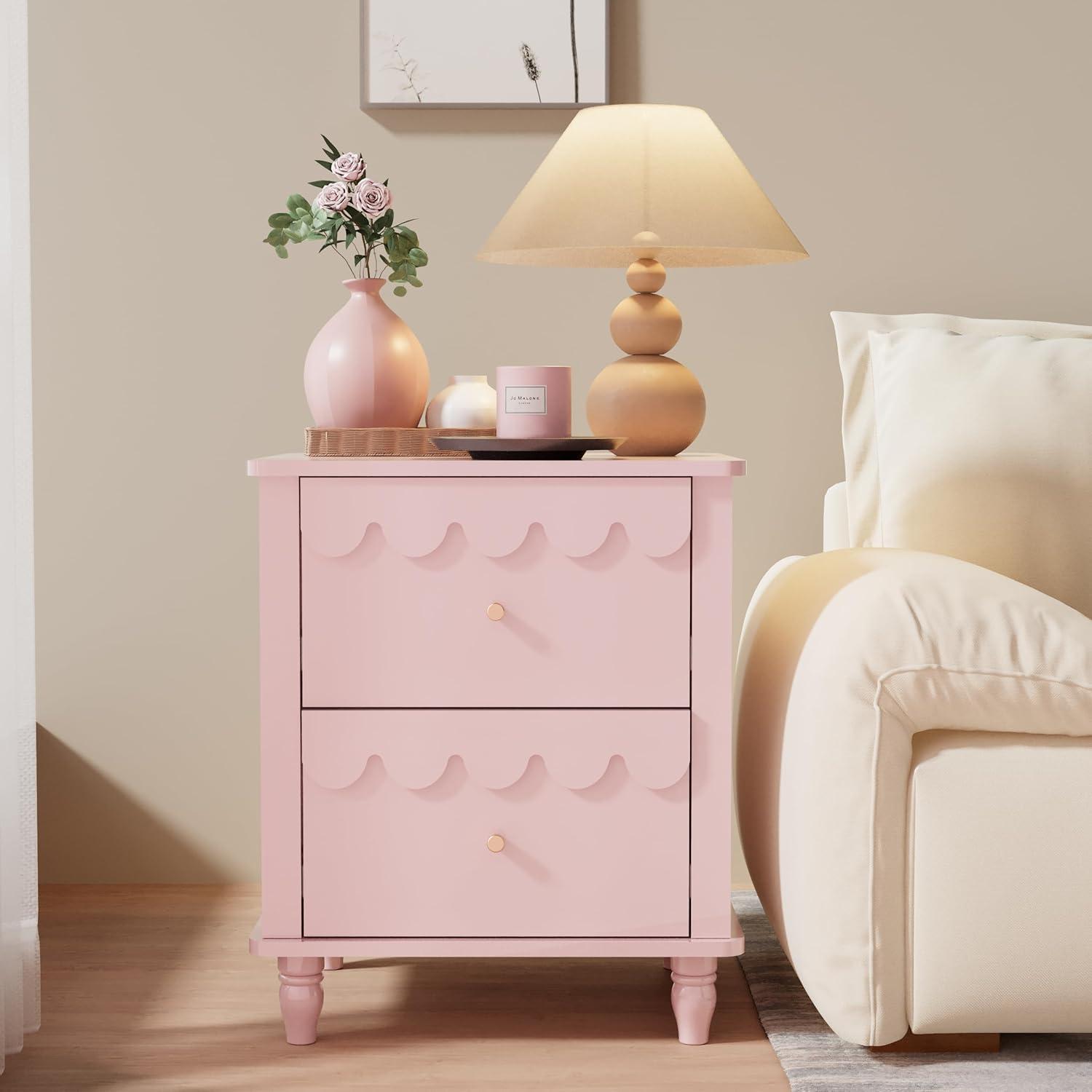 Pink MDF 2-Drawer Scalloped Nightstand with Solid Wood Legs