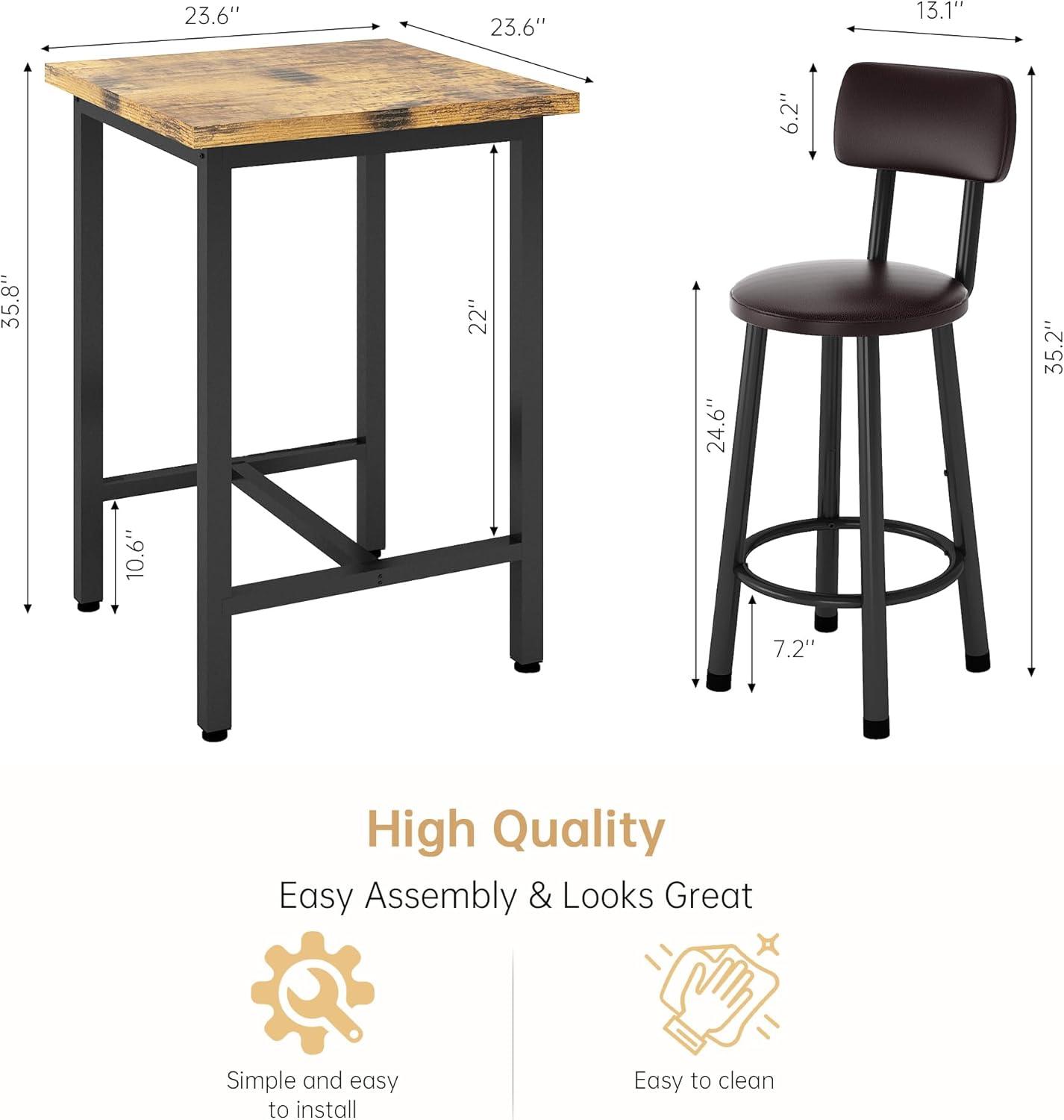 TiaGOC 3 Piece Pub Dining Set, Modern bar Table and Stools for 2 Kitchen Counter Height Wood Top Bistro Easy Assemble for Breakfast Nook Living Room Small Space Restaurant, Rustic Brown 24”