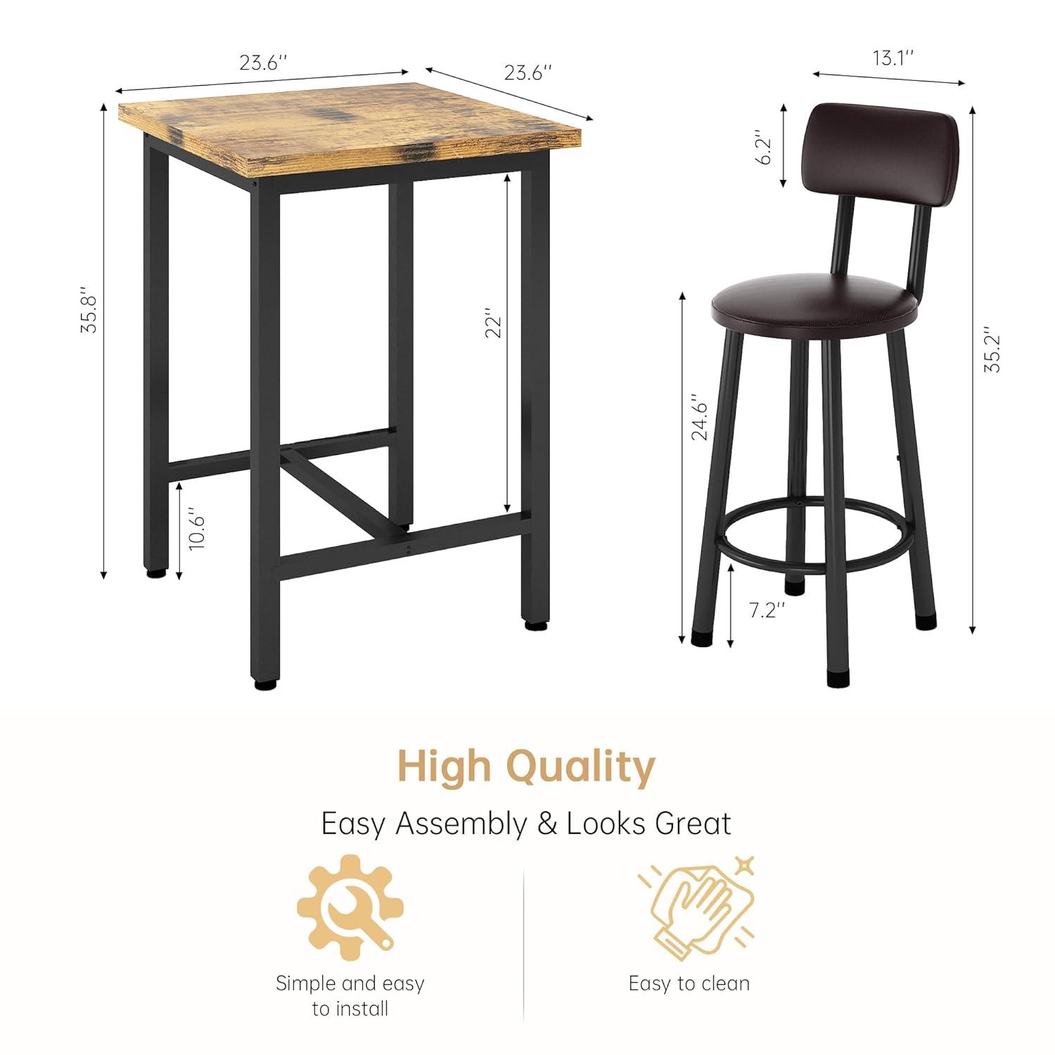 TiaGOC 3 Piece Pub Dining Set, Modern bar Table and Stools for 2 Kitchen Counter Height Wood Top Bistro Easy Assemble for Breakfast Nook Living Room Small Space Restaurant, Rustic Brown 24”