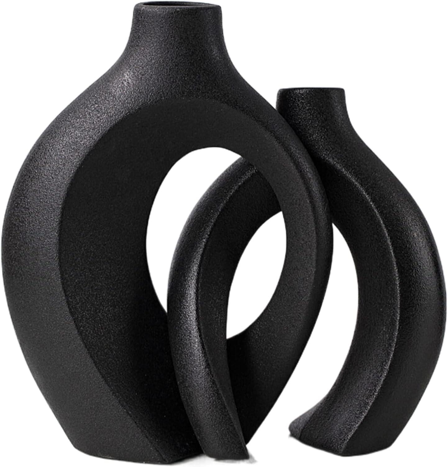 Black Hollow Ceramic Vase Set of 2, Snuggle Round Boho Donut Modern Vase Nordic Minimalist Decorative Vase for Modern Trendy Home Table Centerpiece Decor (W 6.3" X H 8")