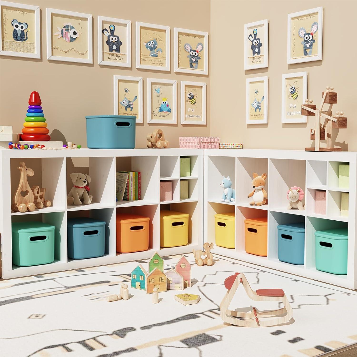 8 Pieces Colorful Storage Bins with Lid and Handle, Plastic Stackable Baskets Desktop Cube Box Cubby Bins Containers for Shelf Cabinet Bedroom Office (Multi-colored,14.2 x 10.2 x 9.5 Inch)