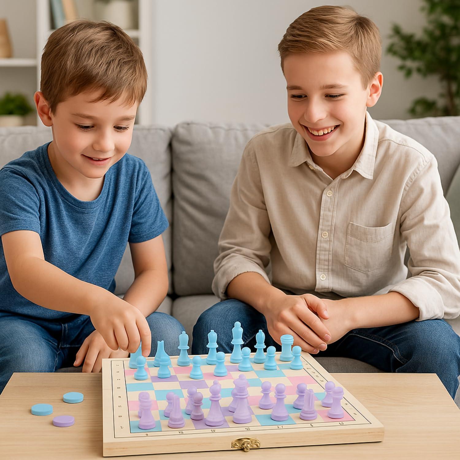 2 in 1 Wooden Chess and Checkers Set - Chess Set for Kids – Portable 11” x 11” Game Board Folds As Storage Case - Chess Checker Set - Childrens Chess Sets for Beginners - Chess Board for Kids