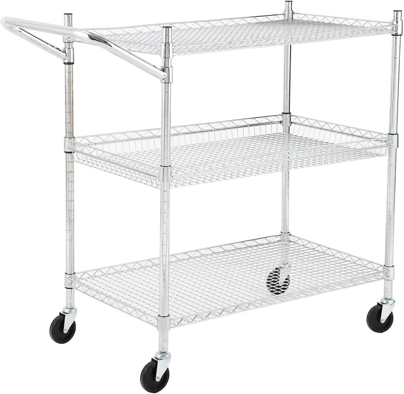 Ataucjin Commercial Grade Utility Cart, 3 Tires Wire Rolling Cart, Steel Service Cart with Wheels, Food Storage Trolley for Restaurant,Kitchen, Low Handle