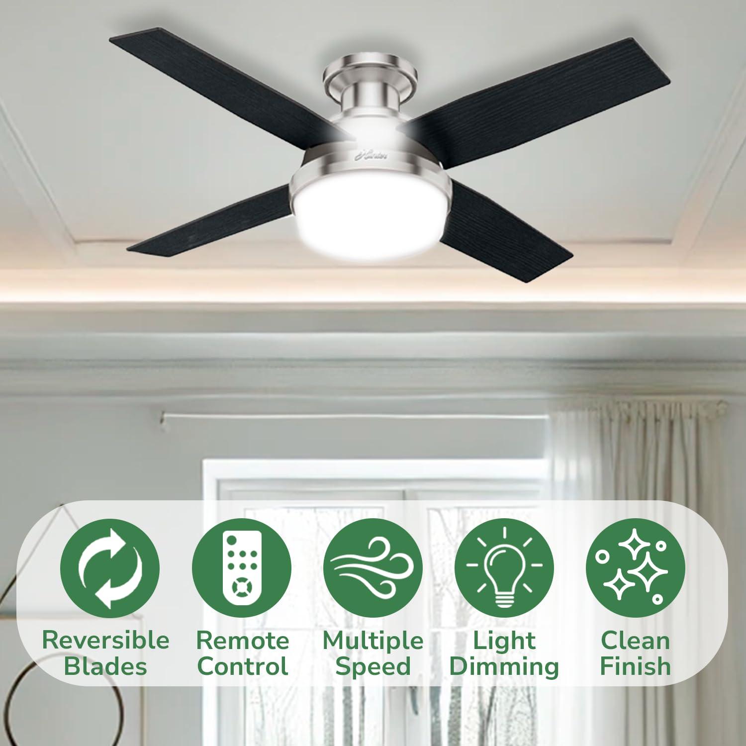 Dempsey Low Profile 44" 4 - Blade Indoor Flush Mount Small Room Ceiling Fan with Lights and Remote