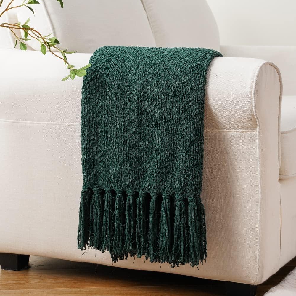 Battilo Forest Green Throw Blanket,Herringbone Knit Christmas Throw, Housewarming Gifts,50" x 60"