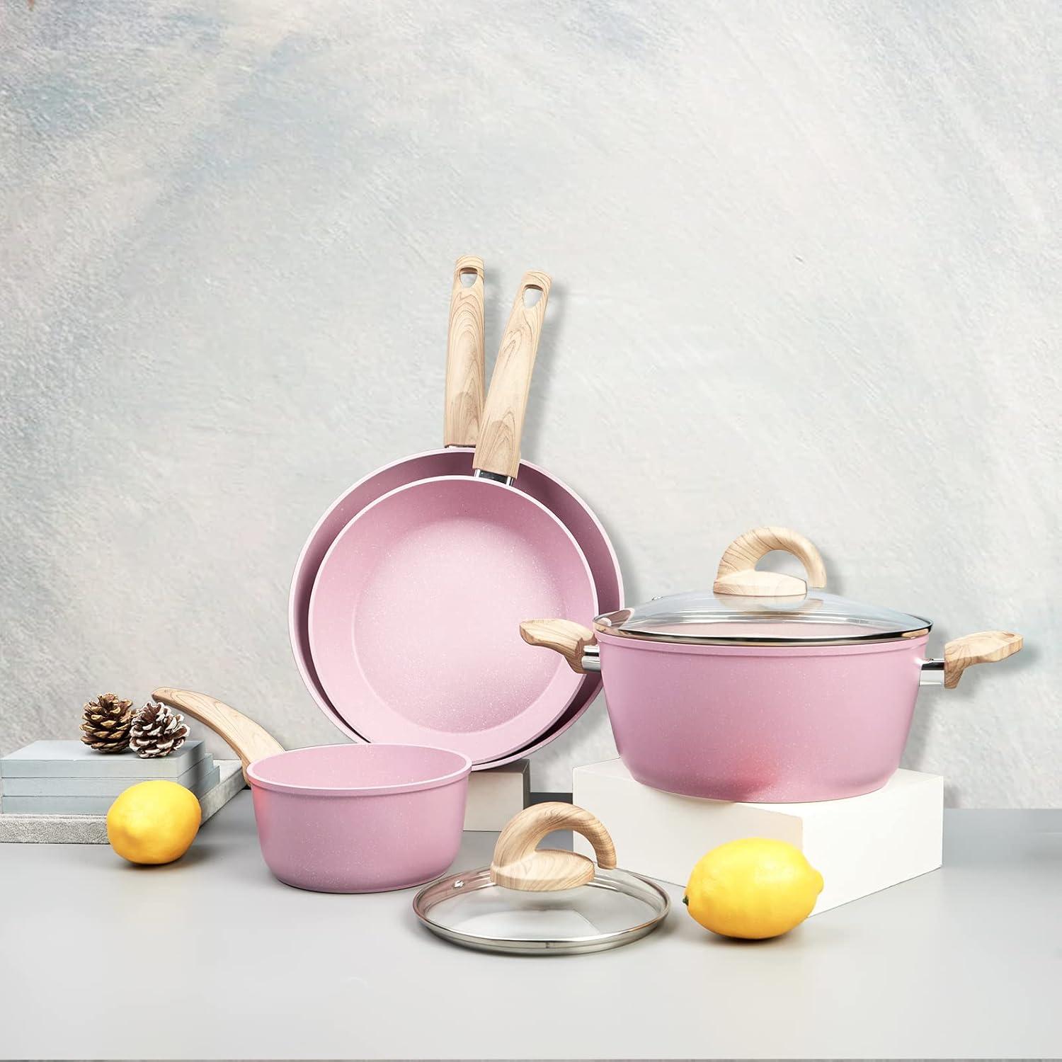 Pink Ceramic Non-Stick Cookware Set with Wood Handles