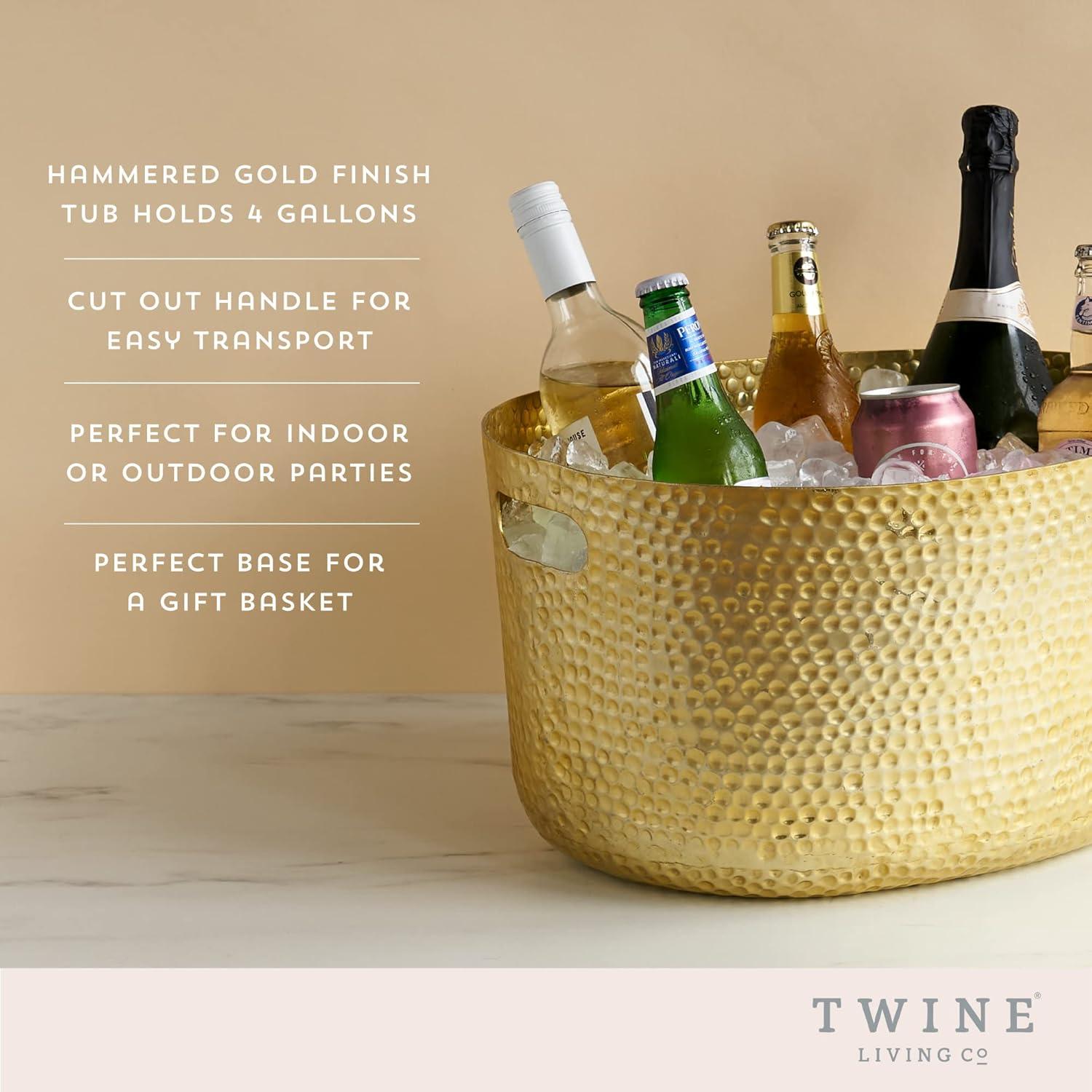 Twine Gold Hammered Tub - Large Drink Beverage Tub Chiller, Wine, Beer & Drink Bucket for Parties in 4 Gallon Capacity, Gold