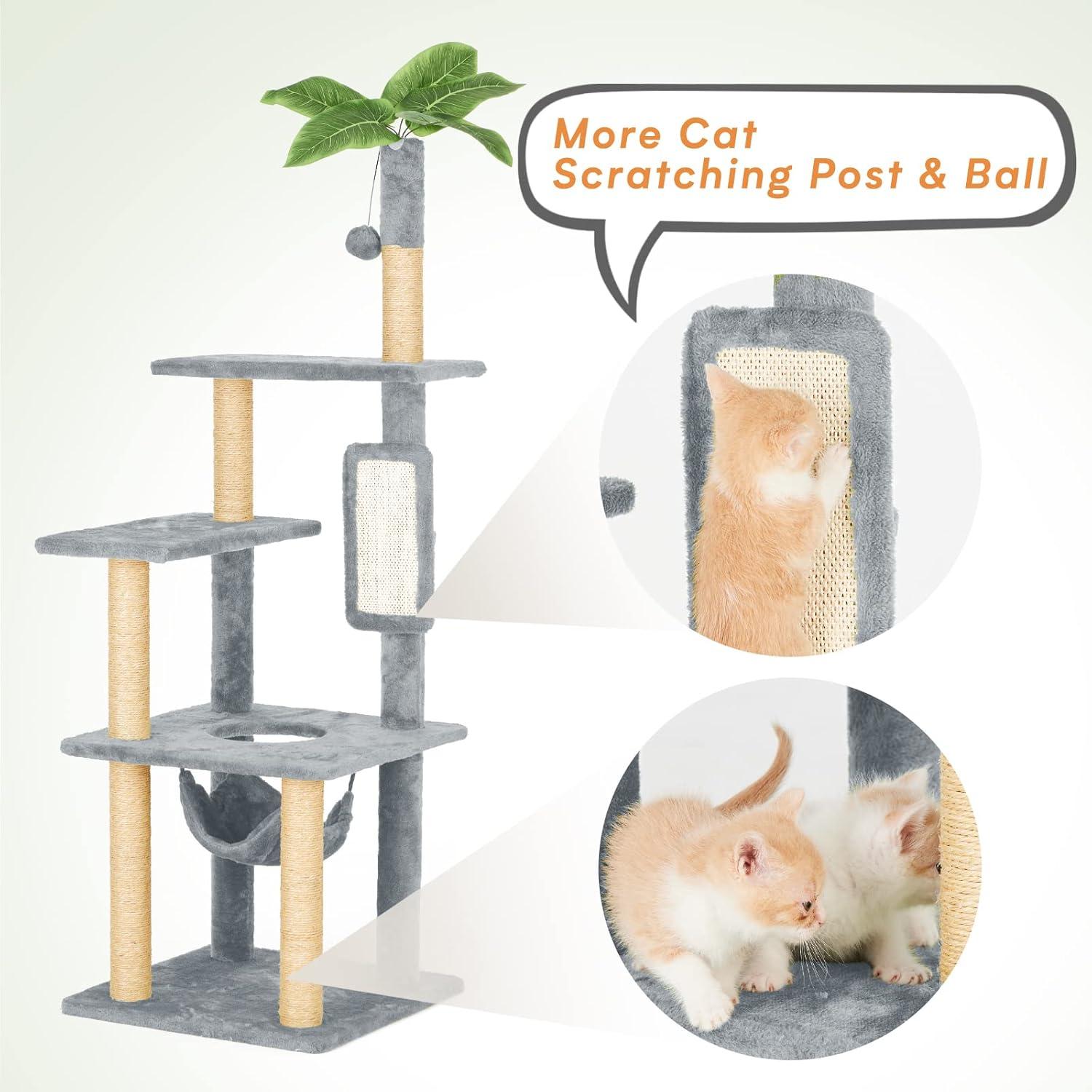 55" Cat Tree for Indoor Cats with Green Leaves, Multi-Level Large Cat Tower for Indoor Cats with Hammock, Plush Cat House with Hang Ball Toy and Cat Sisal Scratching Posts Cat Furniture, Green