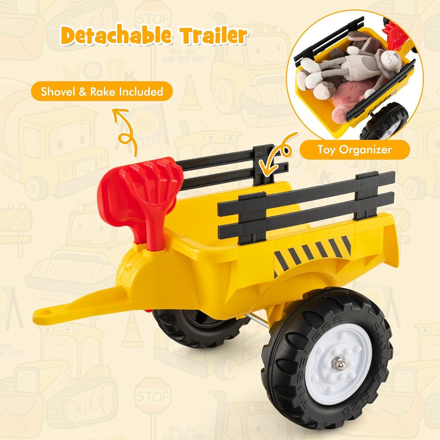 Yellow Pedal Ride-On Excavator with Detachable Trailer