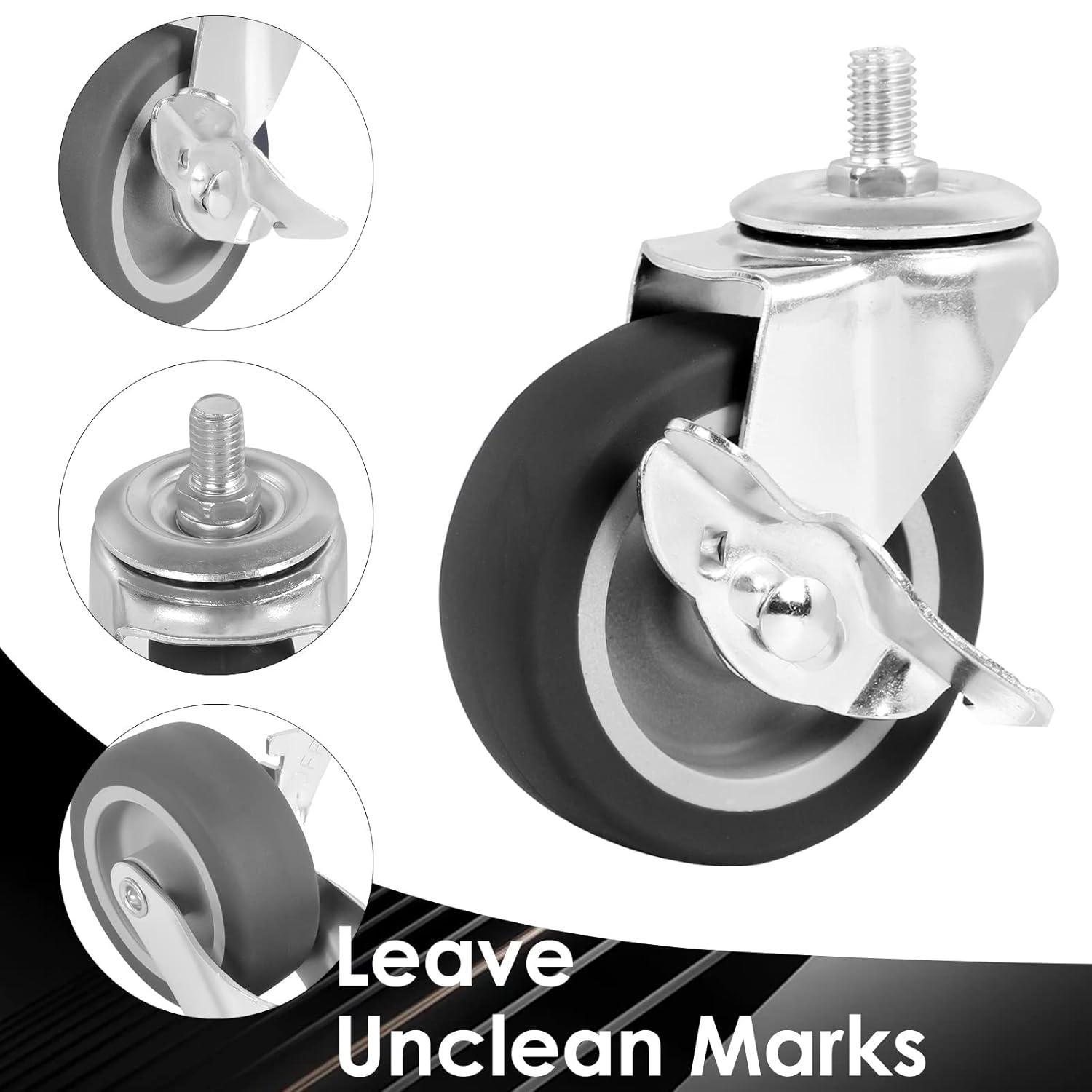 Caster Wheels, 3 Inch Stem Casters Set of 4, Heavy Duty Swivel Wheel with Brake, Metric Size M8-1.25-15 (Screw Diameter 8mm, Screw Length 15mm) Casters for Workbench Trolley, Furniture Dolly