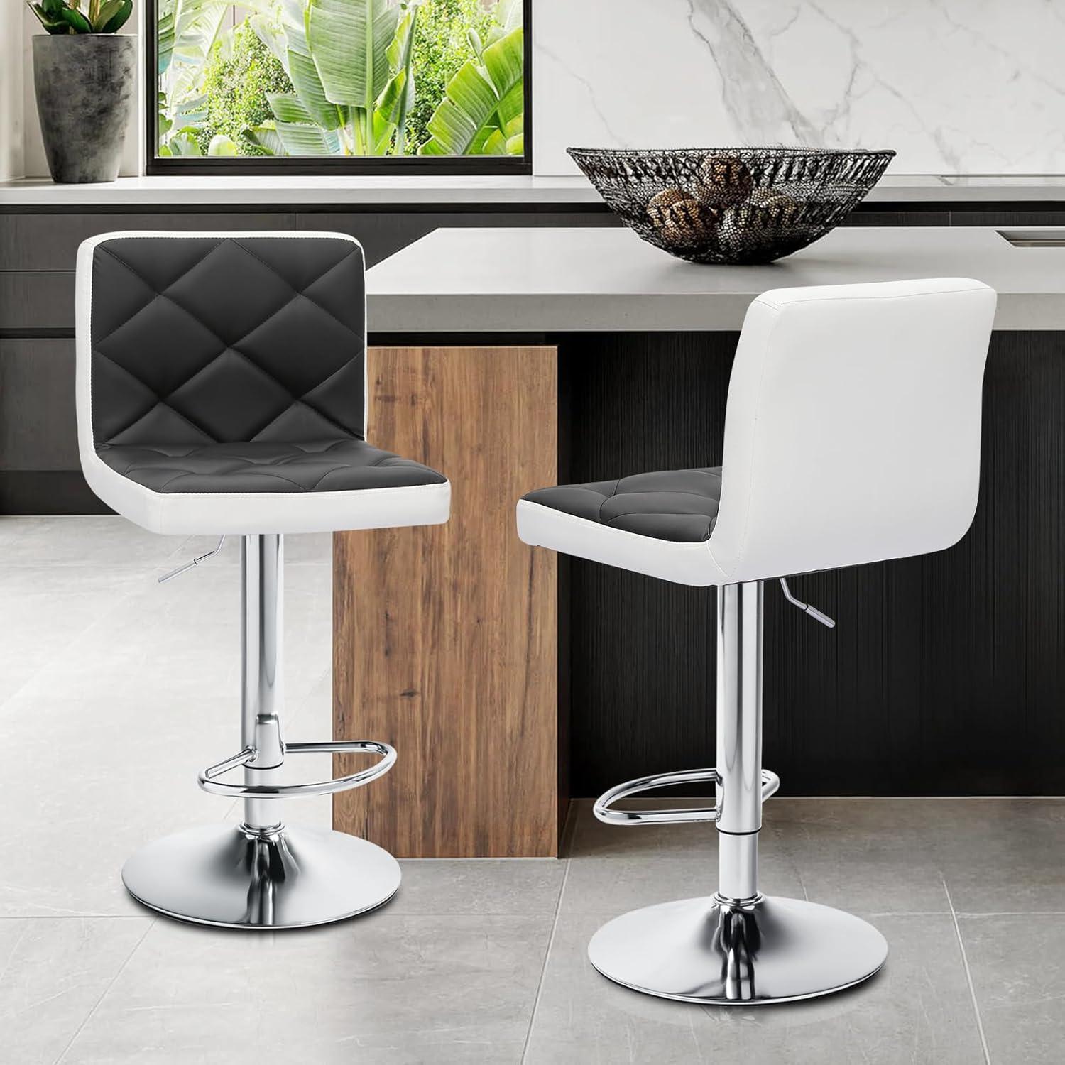 MoNiBloom Modern Bar Stools, Faux Leather Swivel Adjustable Barstools with Square Back, Counter Height Chairs Set of 2, Black/White