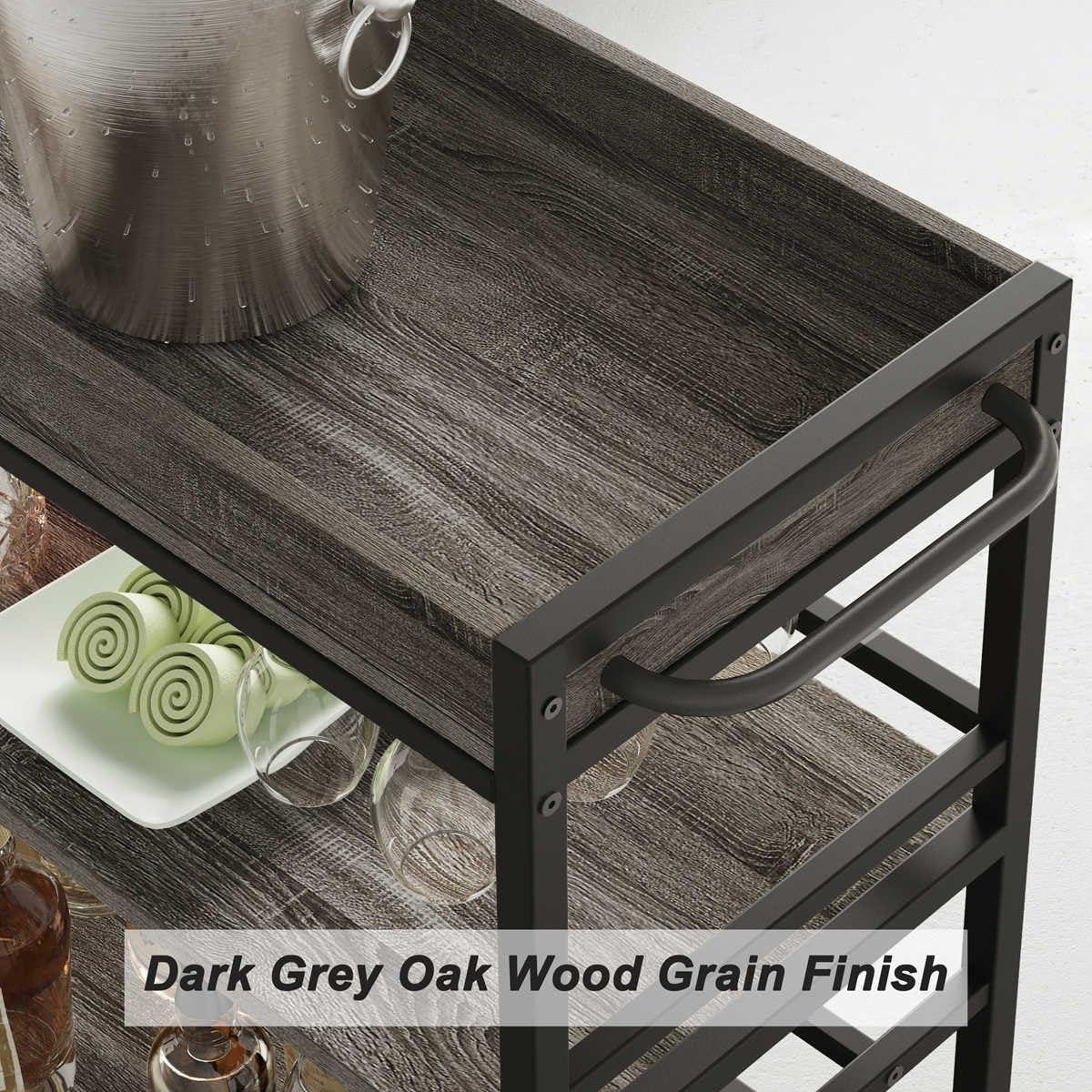 Gray Oak 3-Tier Bar Cart with Wine Rack and Glass Holder