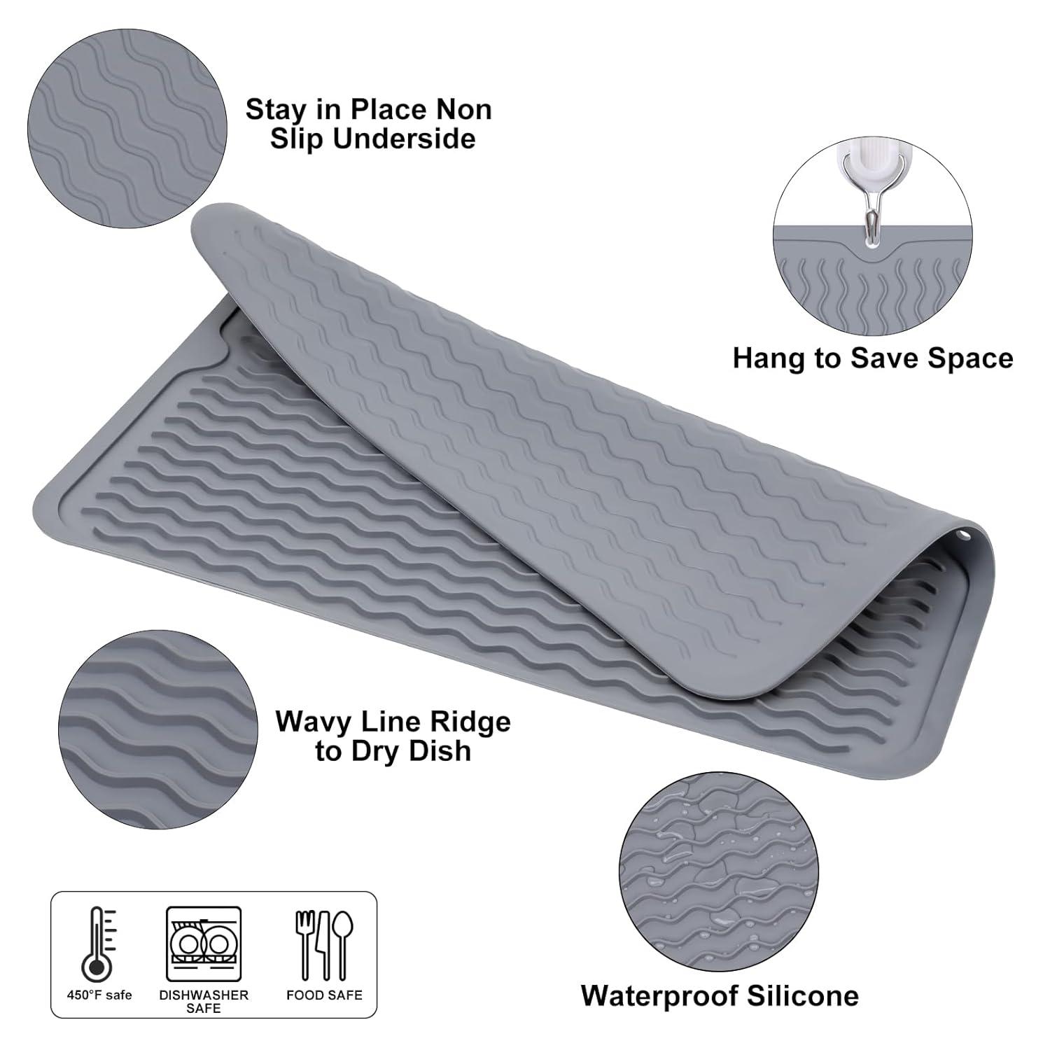 Silicone Dish Drying Mat, Non-Slip Dishwashing Mat for Kitchen Counter, Easy Clean, Waterproof, Heat-Resistant Silicone Mat 16''x12'' C49