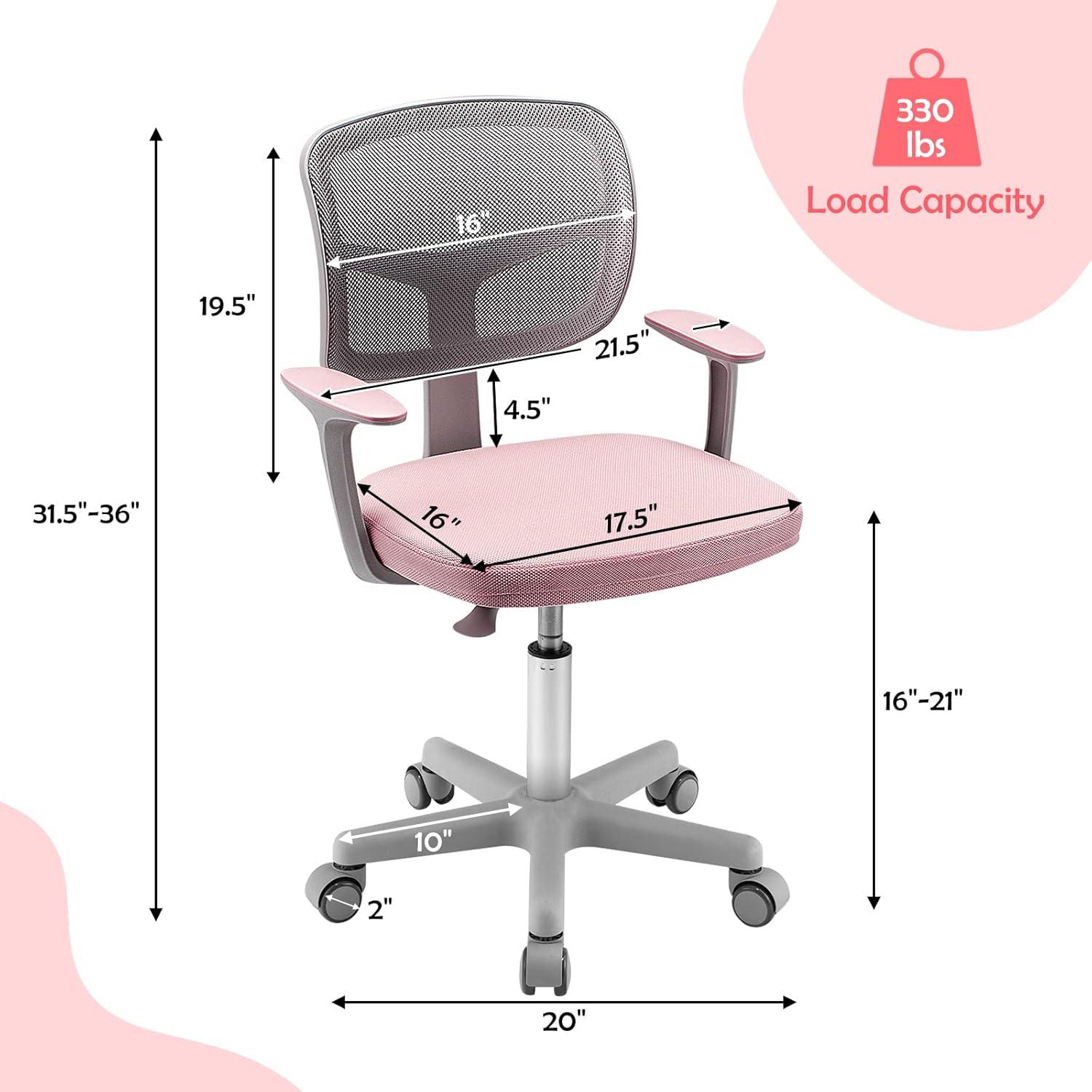 Pink Adjustable Mesh Swivel Kids Desk Chair with Armrests