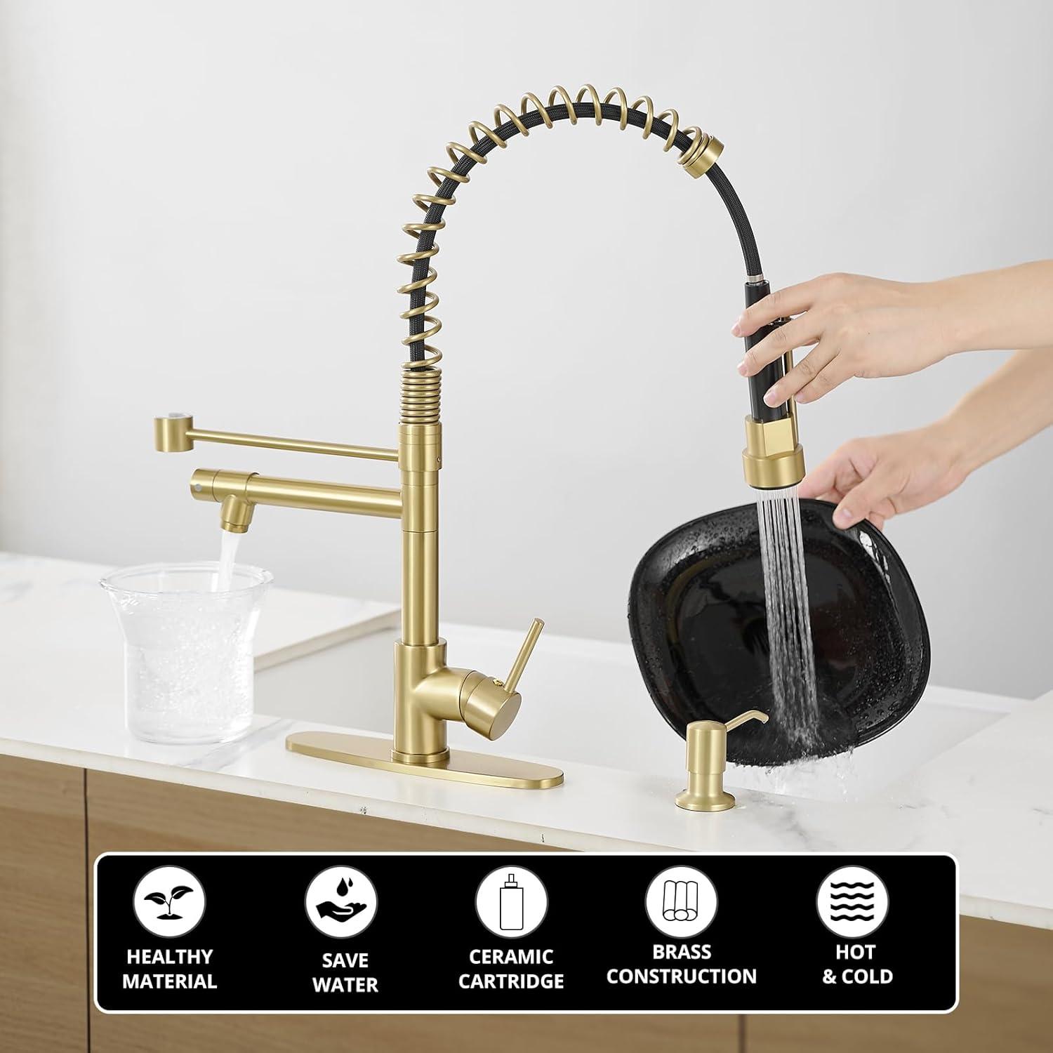 Contemporary Kitchen Sink Single Handle Brass Spring Kitchen Faucet with Pull Down Sprayer, Rotatable Pull-Out Kitchen Mixer Tap, Brushed Gold Kitchen Sink Faucets