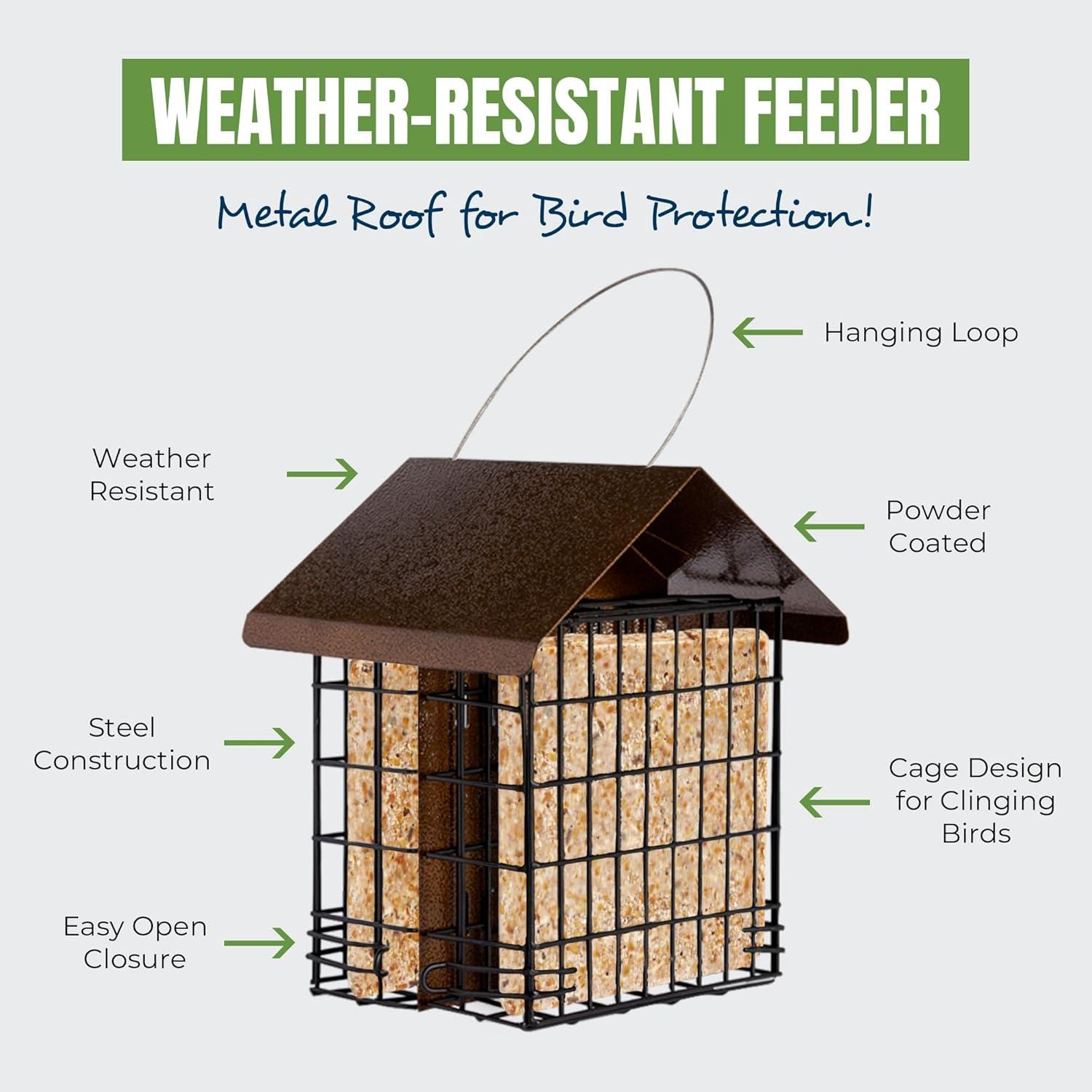 MEKKAPRO Suet Feeder with Hanging Metal Roof, Two Suet Capacity.