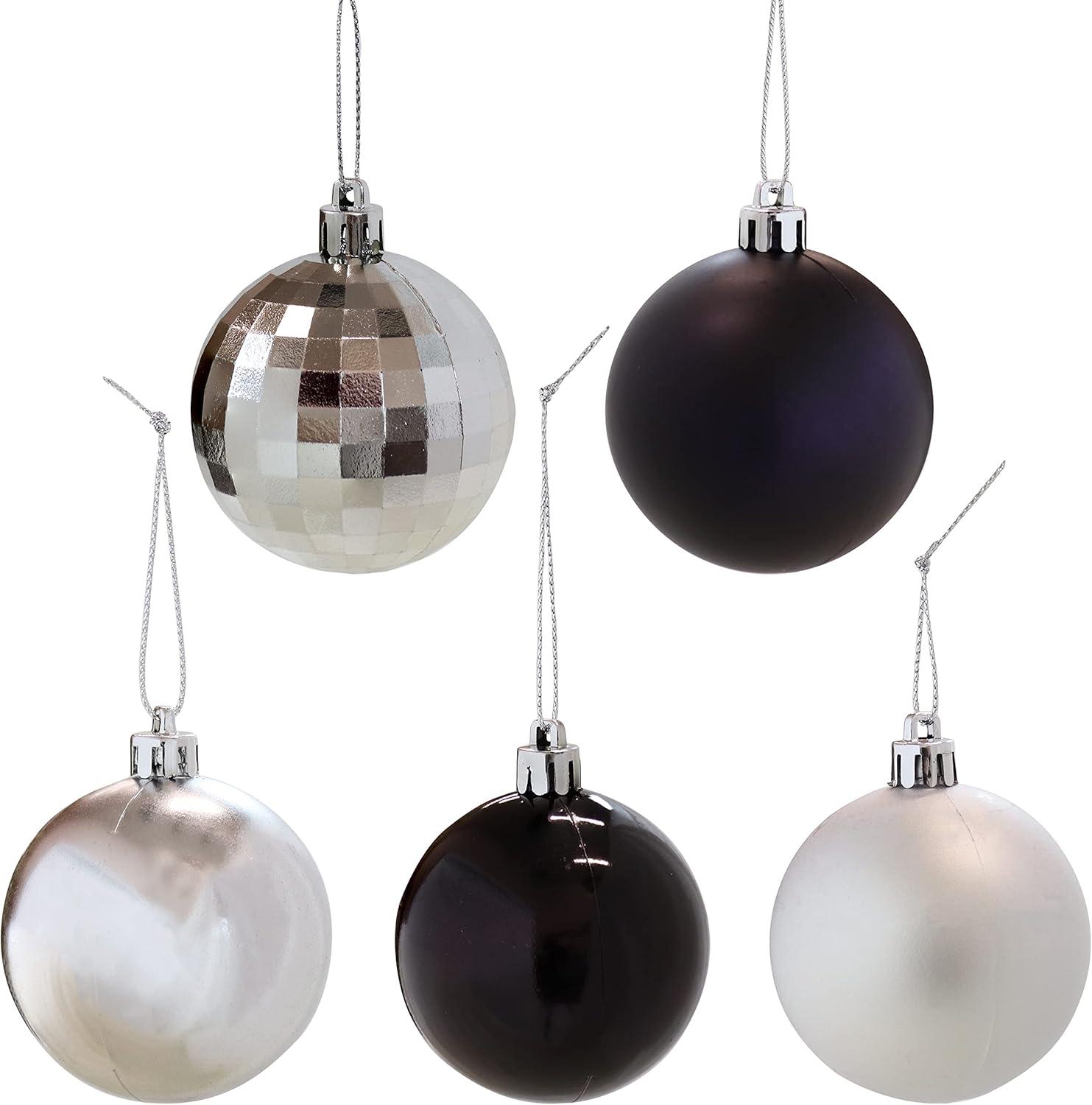 Sunnydaze Indoor Christmas Holiday Tree Shatterproof Bulb Ornaments with String - 63.5 mm - Black and Silver - 50pc