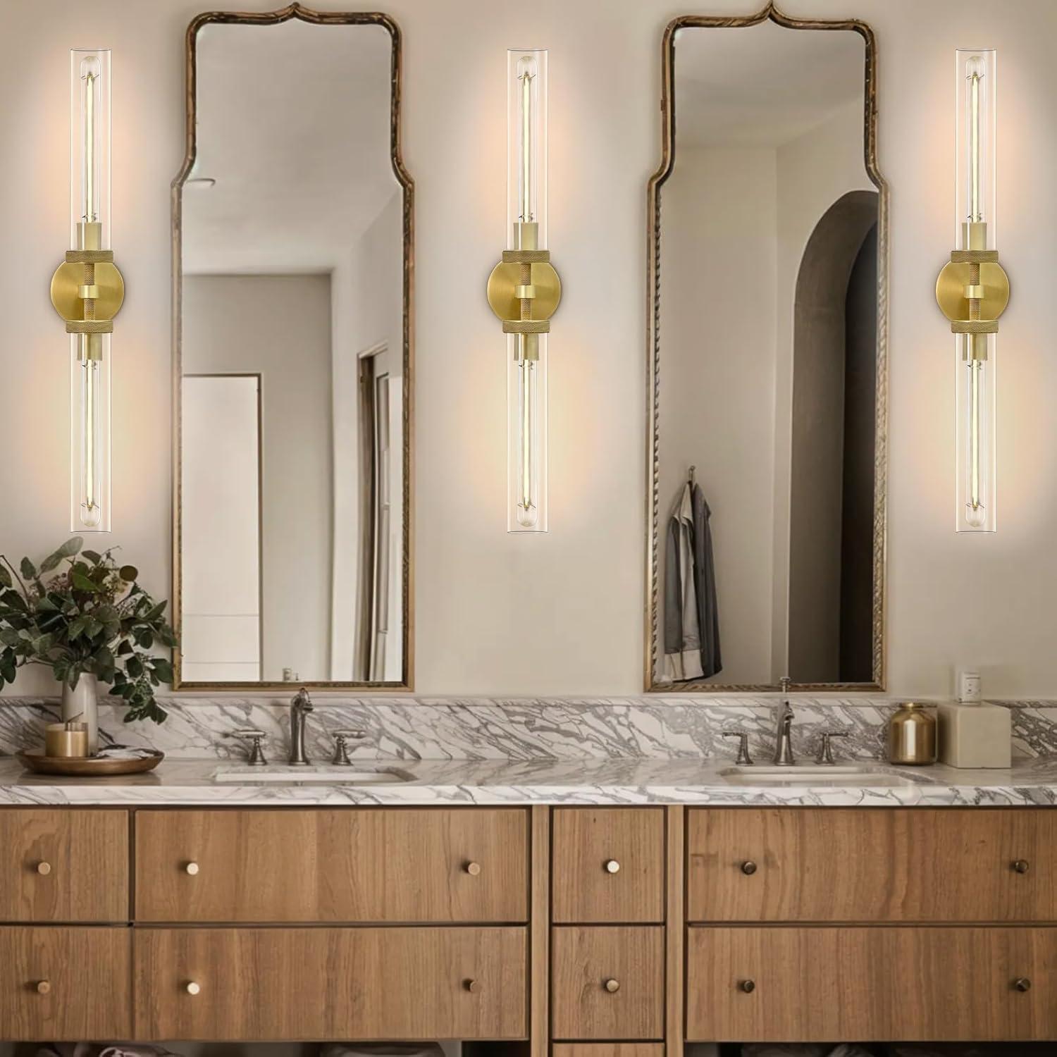 Gold Double Tube Glass and Metal Wall Sconce