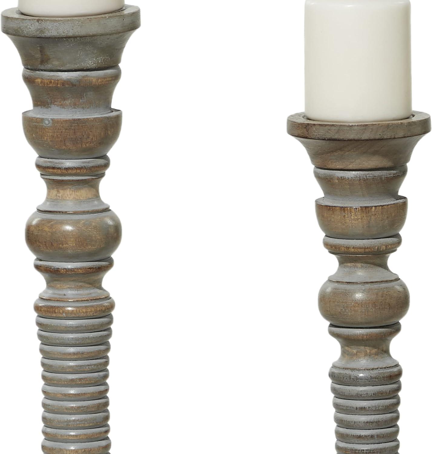 Mocha Brown Mango Wood Candlestick Trio with Gray Wash