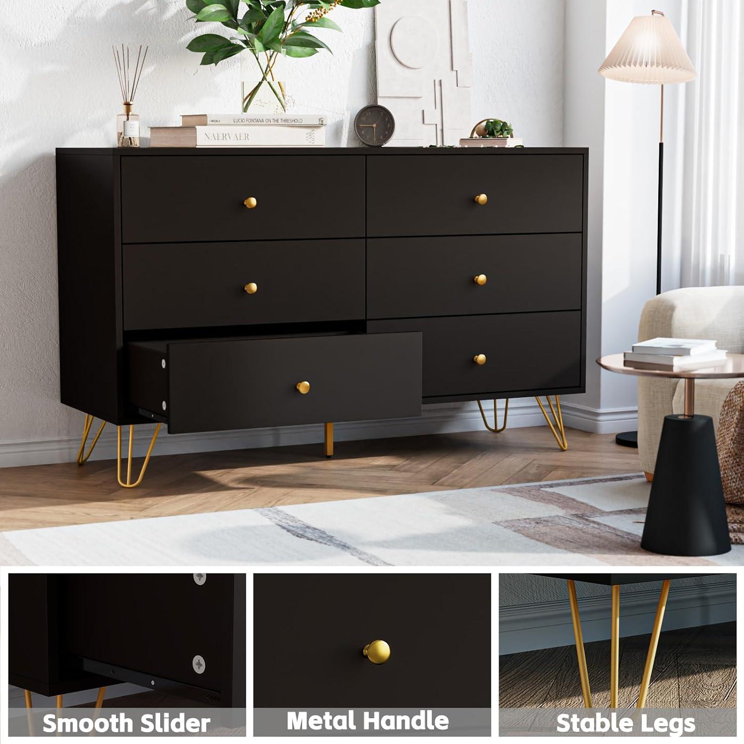 Black Dresser for Bedroom, Modern 6 Drawer Dresser, Wide Chest of Drawers with Gold Handles, Wood Double Dresser Storage Cabinet for Living Room, Bedroom, Hallway