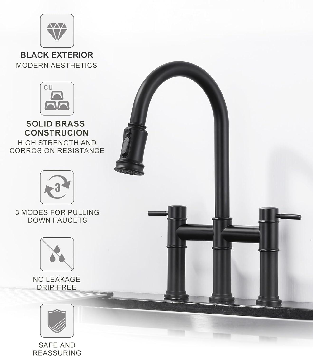 Matte Black Double Handle Bridge Kitchen Faucet with Pull-Out Spray