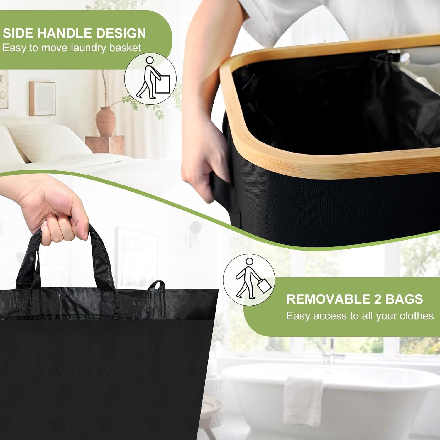 Efluky Laundry Basket with Lid and Removable Bag, 100L Tall Laundry Hamper with Bamboo Handles, Aesthetic Dirty Clothes Bin for Laundry Room, Bathroom, Bedroom and Dorm,Grey