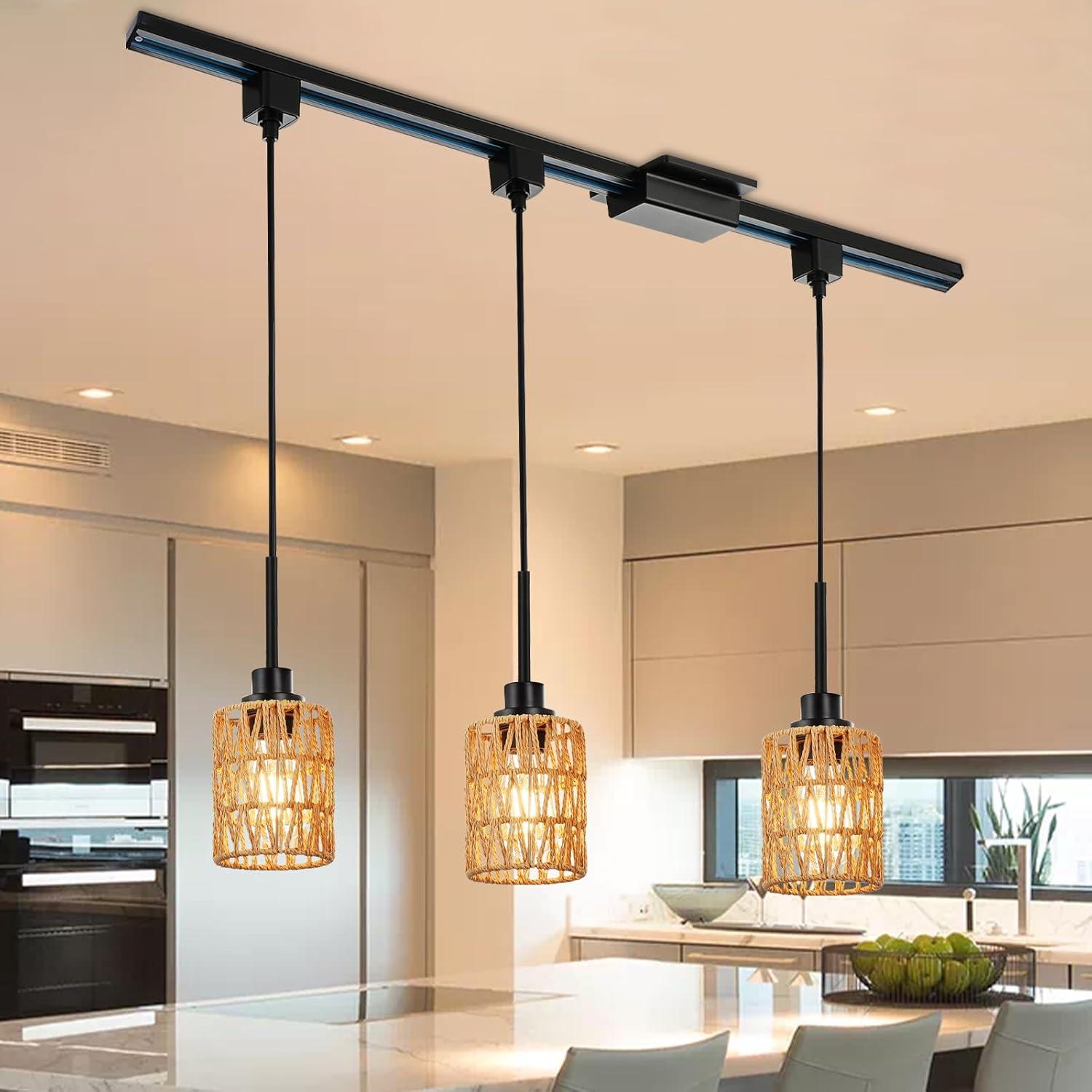 3-Pack H Type Track Lighting Pendants, Ceiling Track Hanging Light Fixture with Hand-Woven Rattan Shade, H-Type Tracking Boho Pendant Lighting Fixtures for Kitchen Island Dining Room, E26 Base