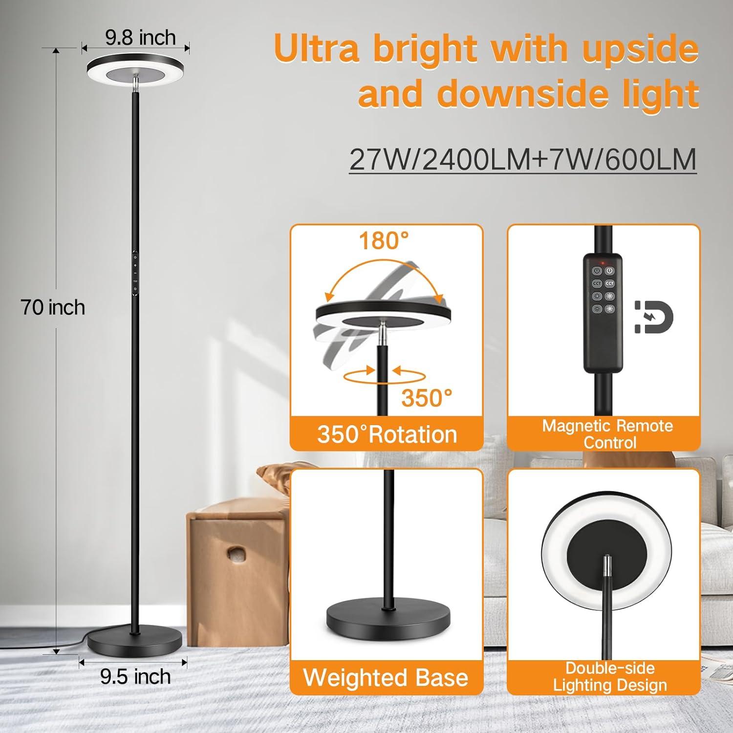 Black Adjustable LED Torchiere Floor Lamp with Remote Control