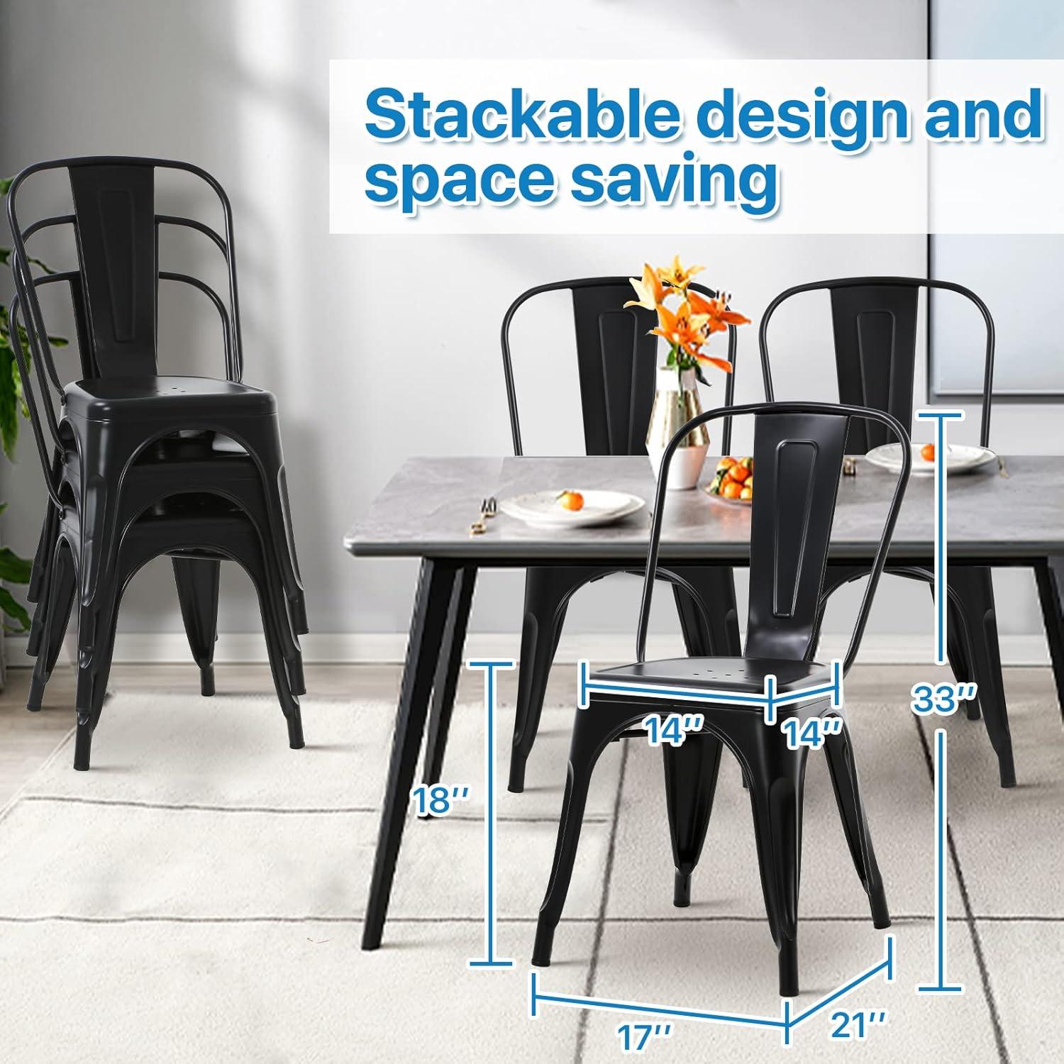 Metal Chairs Set of 4, Stackable Metal Patio Chairs 18 Inch Seat Height, Indoor/Outdoor Tolix Side Chair with Back, 330LBS Weight Capacity, Chic Kitchen Dining Chairs, Black