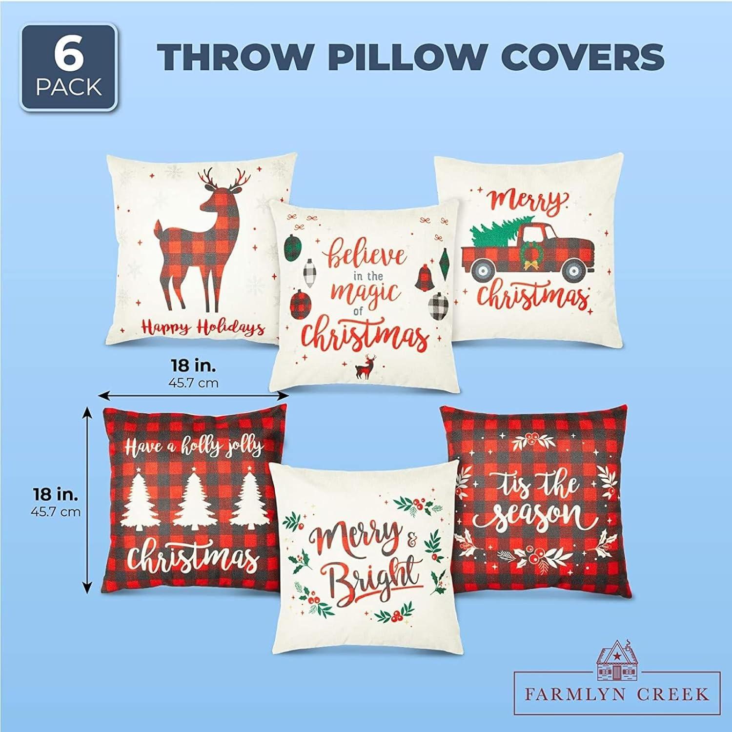 Farmlyn Creek Set of 6 Throw Pillow Covers for Christmas, 18 x 18 Inches, Xmas Decorative Throw Pillows, Ideal Christmas Gift