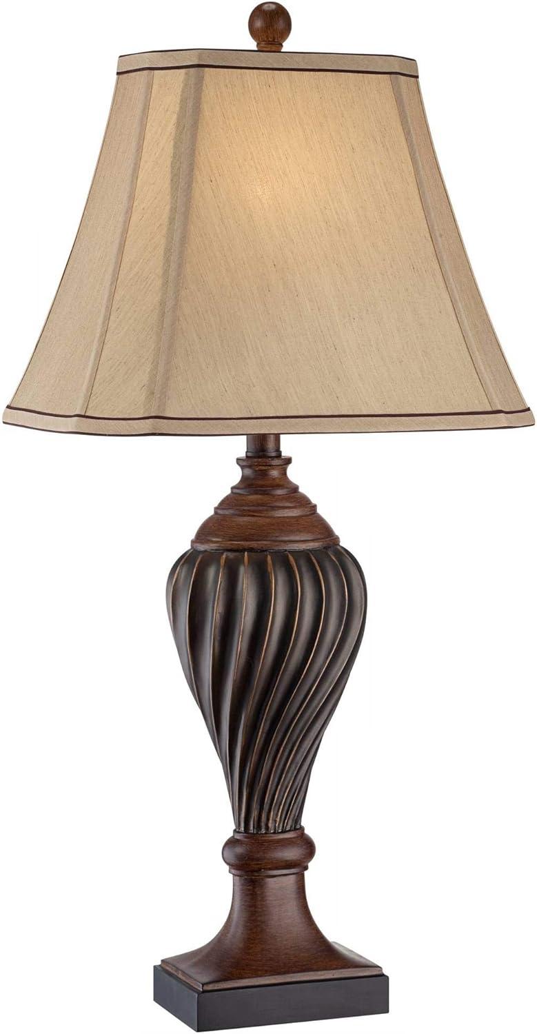 Regency Hill Traditional Table Lamp 28.5" Tall Carved Two Tone Brown Urn Shaped Beige Fabric Shade for Living Room Family Bedroom Bedside