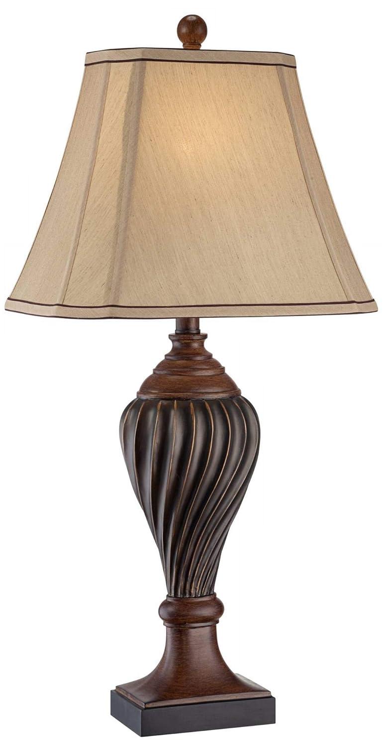 Regency Hill Traditional Table Lamp 28.5" Tall Carved Two Tone Brown Urn Shaped Beige Fabric Shade for Living Room Family Bedroom Bedside