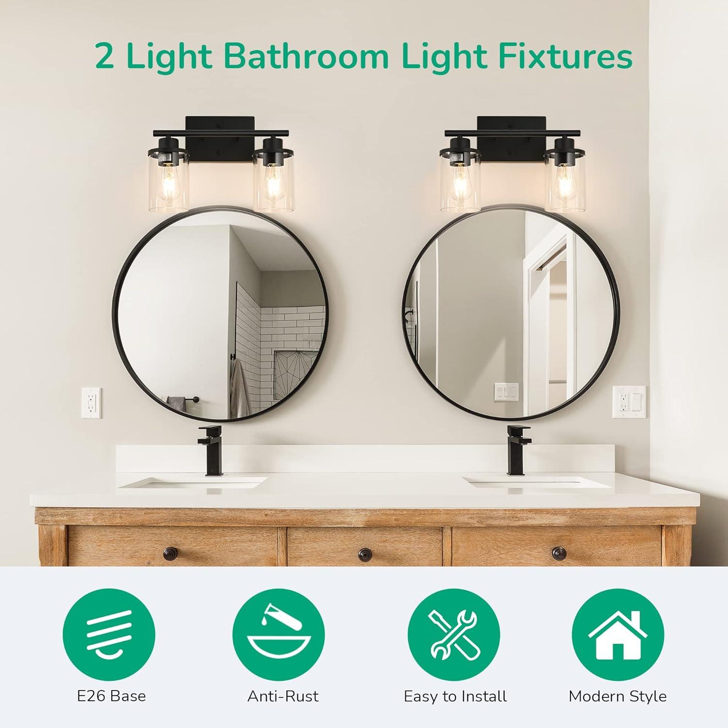 EDISHINE Modern 2-Light Black Bathroom Vanity Lights over Mirror for Bathroom, Vanity Table, E26 Bulb Base