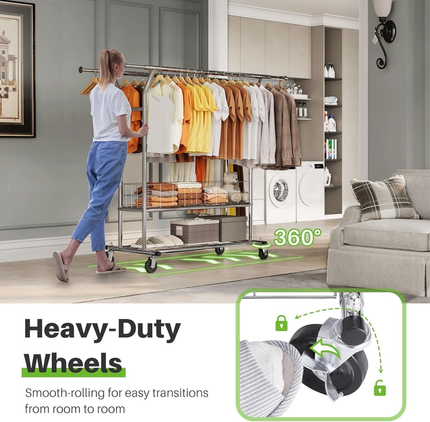 HOKEEPER Heavy Duty Clothing Clothes Rack for Hanging Clothes Adjustable Rolling Garment Rack with Wheels for Bedroom, Living Room (Double Rod with Metal Basket)