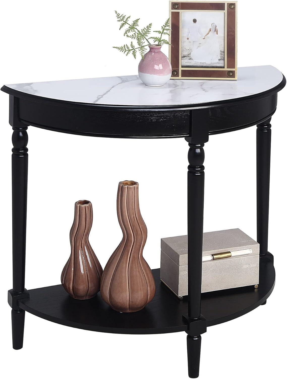 Convenience Concepts French Country Half-Round Entryway Table with Shelf, White Faux Marble/Black