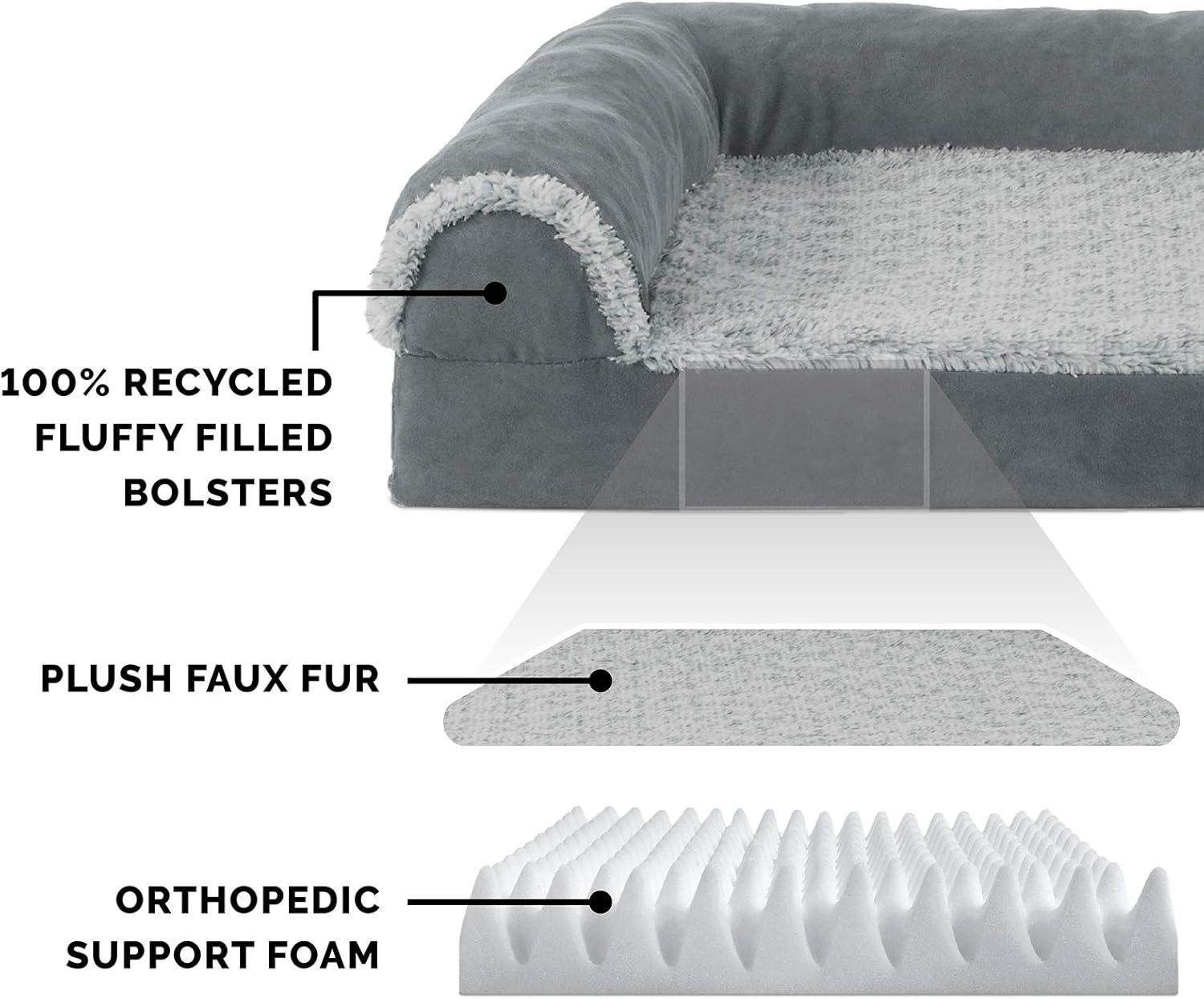 FurHaven Two-Tone Faux Fur & Suede Deluxe Chaise Lounge Orthopedic Sofa Dog Bed - Jumbo, Stone Gray