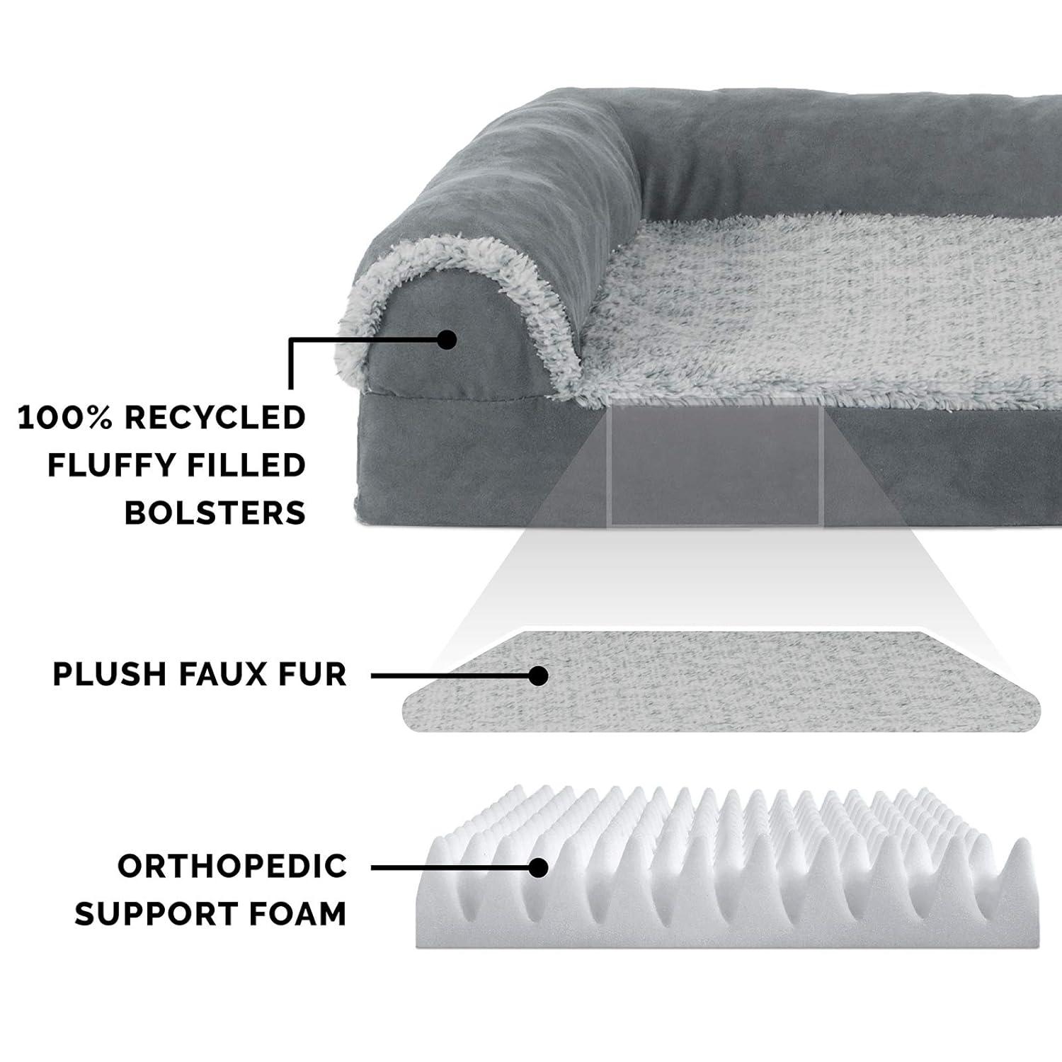 FurHaven Two-Tone Faux Fur & Suede Deluxe Chaise Lounge Orthopedic Sofa Dog Bed - Jumbo, Stone Gray