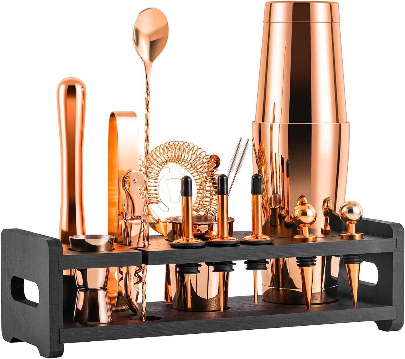 Rose Copper 24-Piece Stainless Steel Bartender Kit with Stand