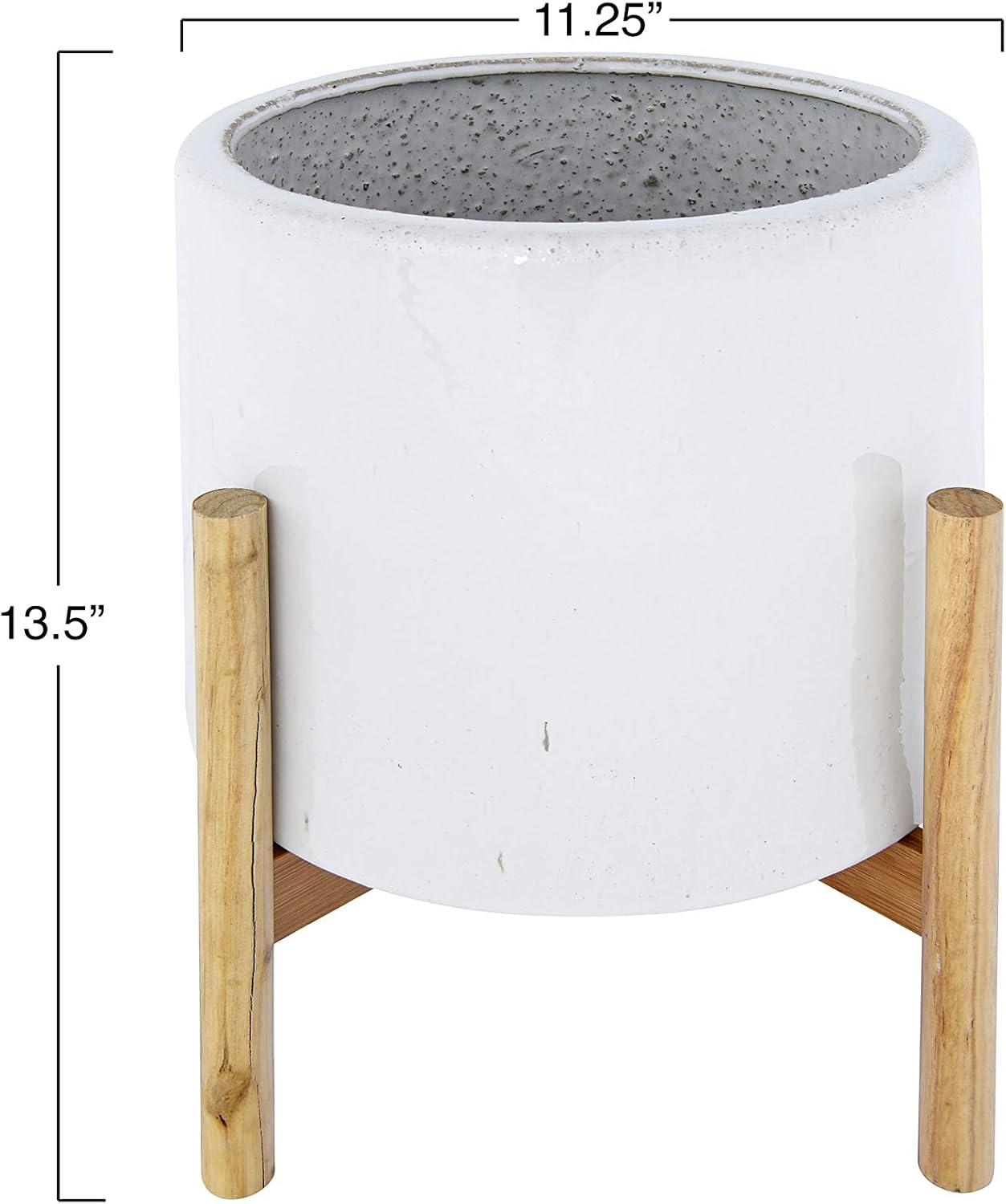 White Stoneware Planter with Wooden Stand, 10" Pot